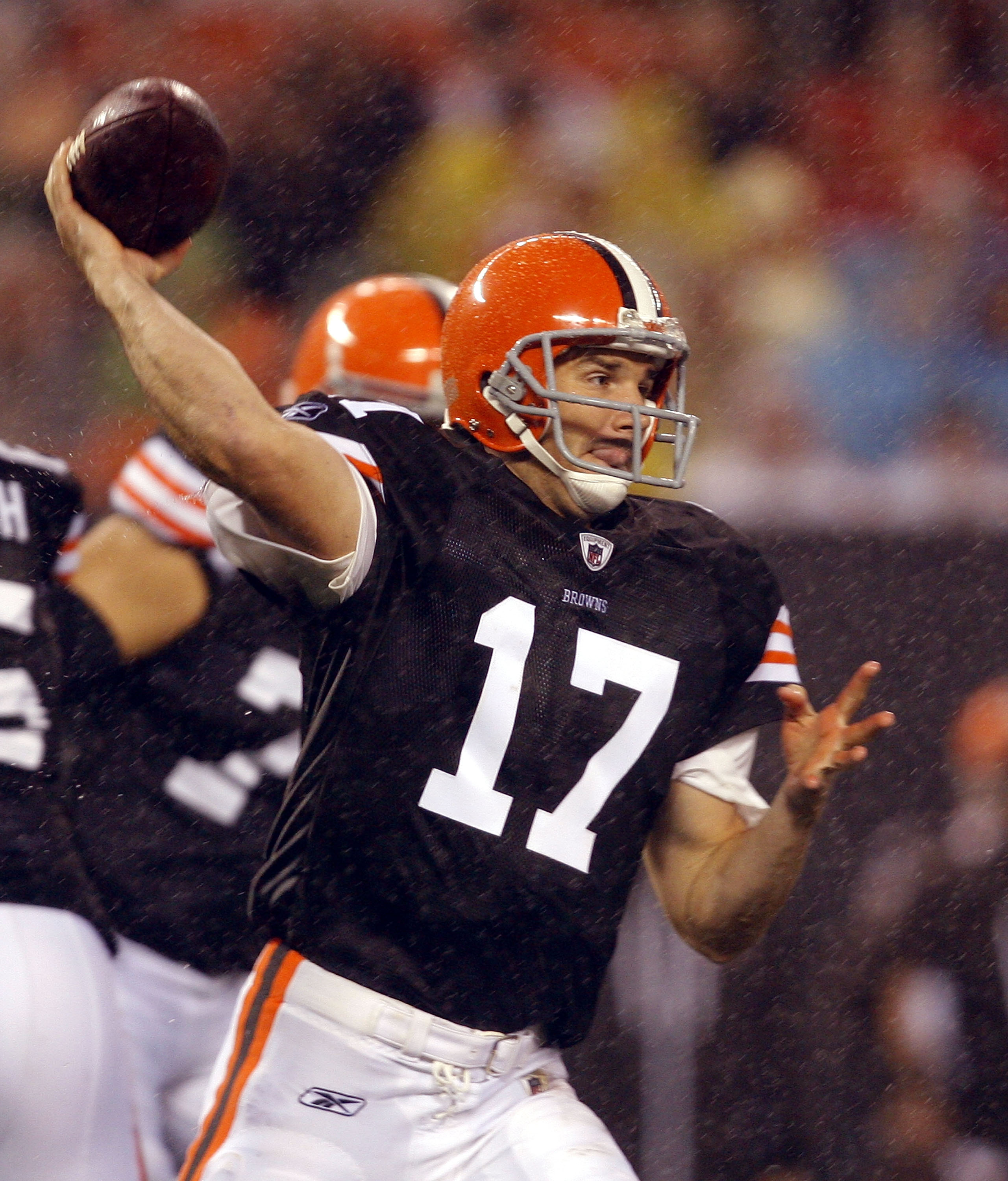 CLEVELAND - AUGUST 21: Jake Delhomme #17 of the Cleveland Browns throws to a receiver against the St. Louis Rams at Cleveland Browns Stadium on August 21, 2010 in Cleveland, Ohio. (Photo by Matt Sullivan/Getty Images) CLEVELAND - AUGUST 21: Jake Delhomme #17 of the Cleveland Browns throws to a receiver against the St. Louis Rams at Cleveland Browns Stadium on August 21, 2010 in Cleveland, Ohio. (Photo by Matt Sullivan/Getty Images)
