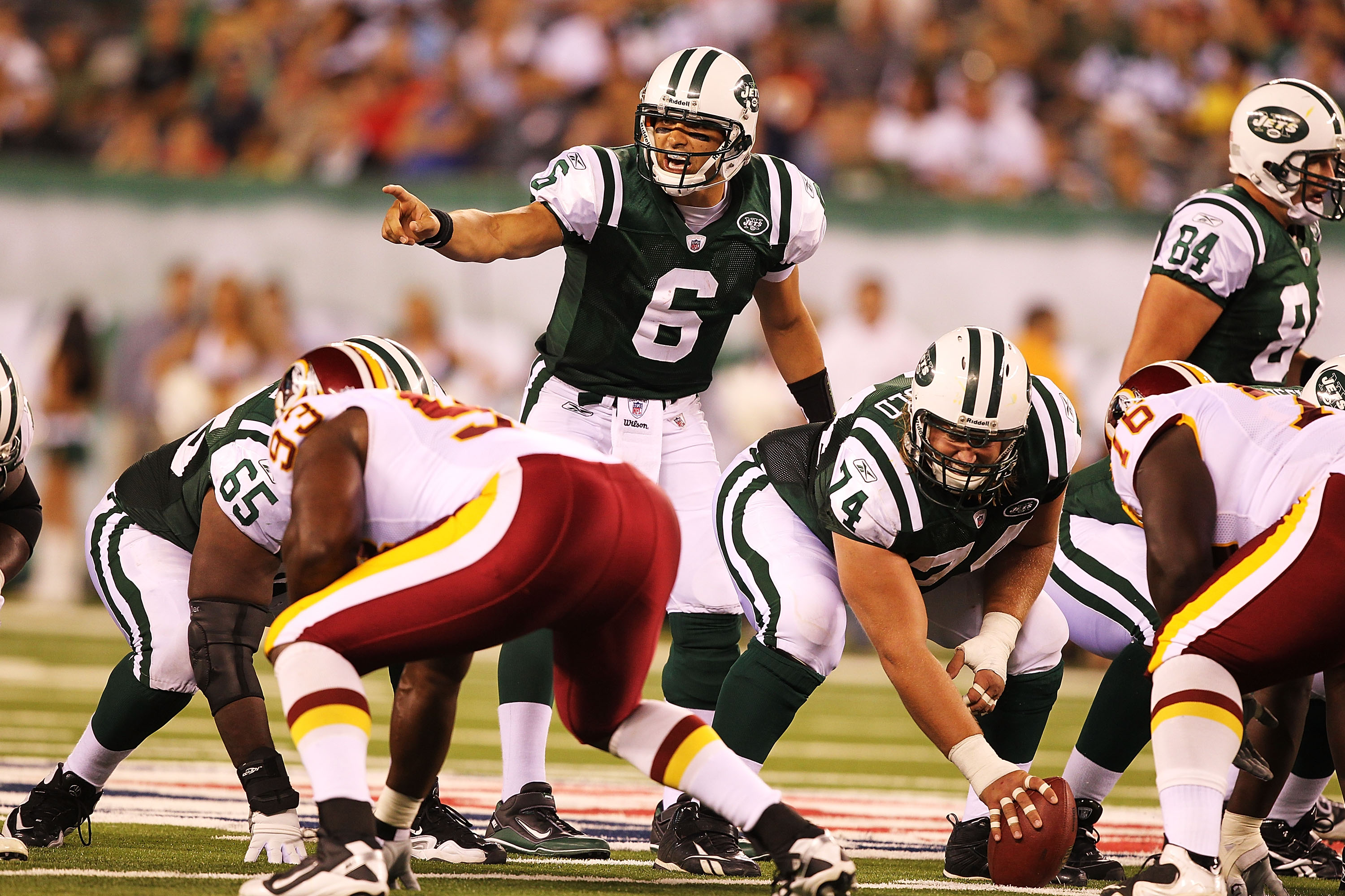 EAST RUTHERFORD, NJ - AUGUST 27:  Mark Sanchez #6 of the New York Jets in action against the Washington Redskins  during their preseason game on August 27, 2010 at the New Meadowlands Stadium  in East Rutherford, New Jersey.  (Photo by Al Bello/Getty Imag