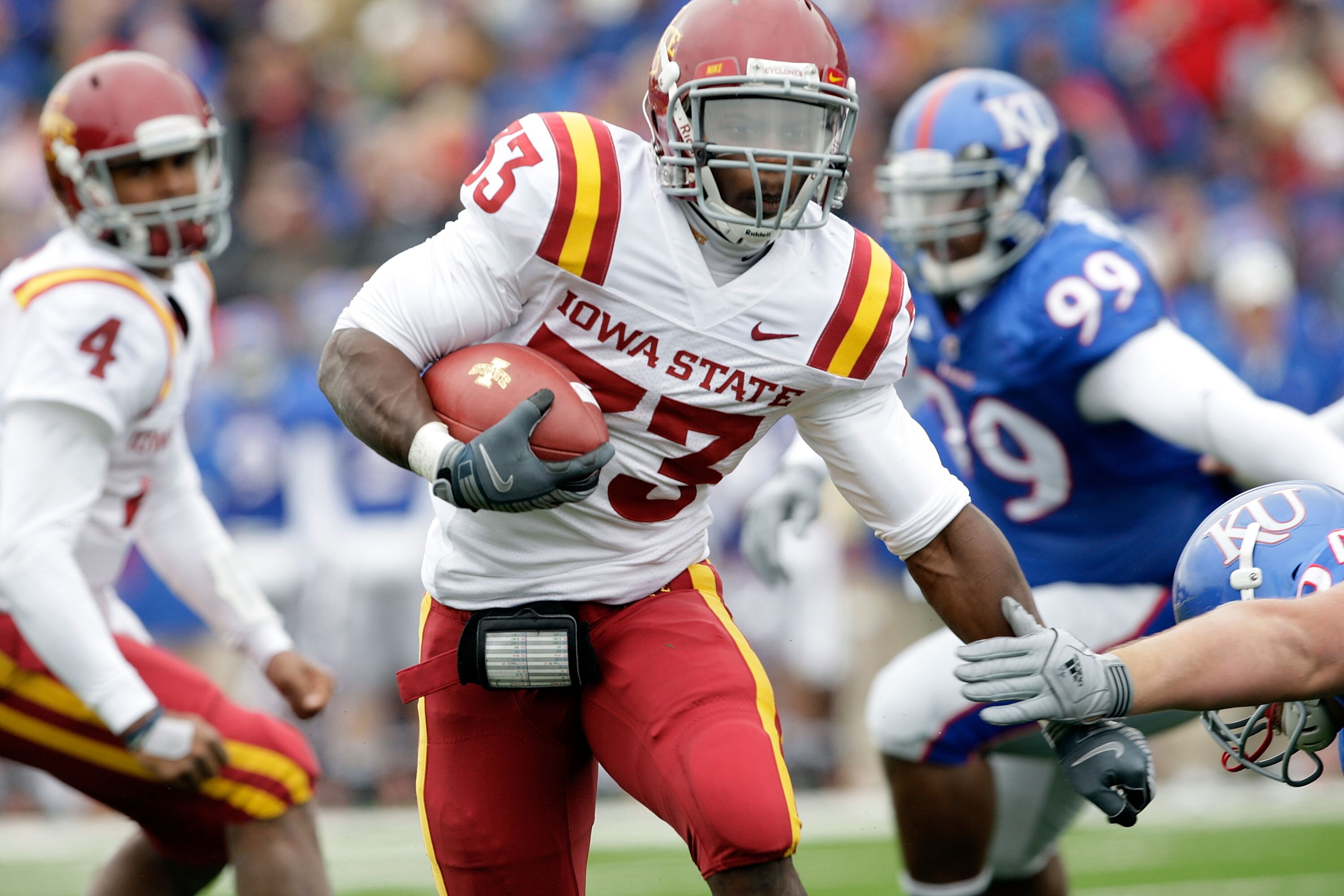 LAWRENCE, KS - OCTOBER 10:  Running back Alexander Robinson #33 of the Iowa State Cyclones carries the ball during the game against the Kansas Jayhawks on October 10, 2009 at Memorial Stadium in Lawrence, Kansas.  (Photo by Jamie Squire/Getty Images)