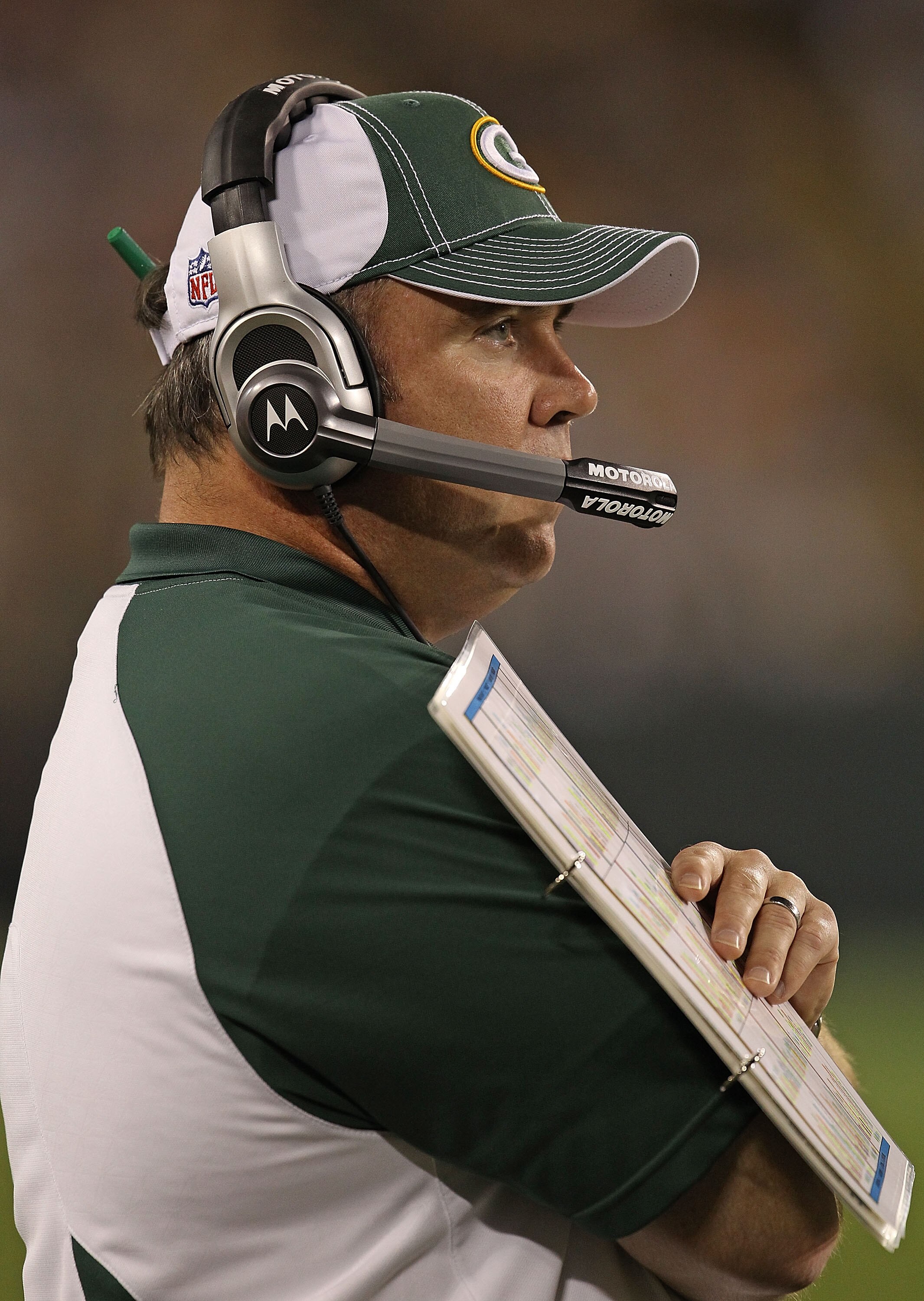 GREEN BAY, WI - AUGUST 26: Head coach Mike McCarthy of the Green Bay Packers watches as his team takes on the Indianapolis Colts during a preseason game at Lambeau Field on August 26, 2010 in Green Bay, Wisconsin. The Packers defeated the Colts 59-24. (Ph
