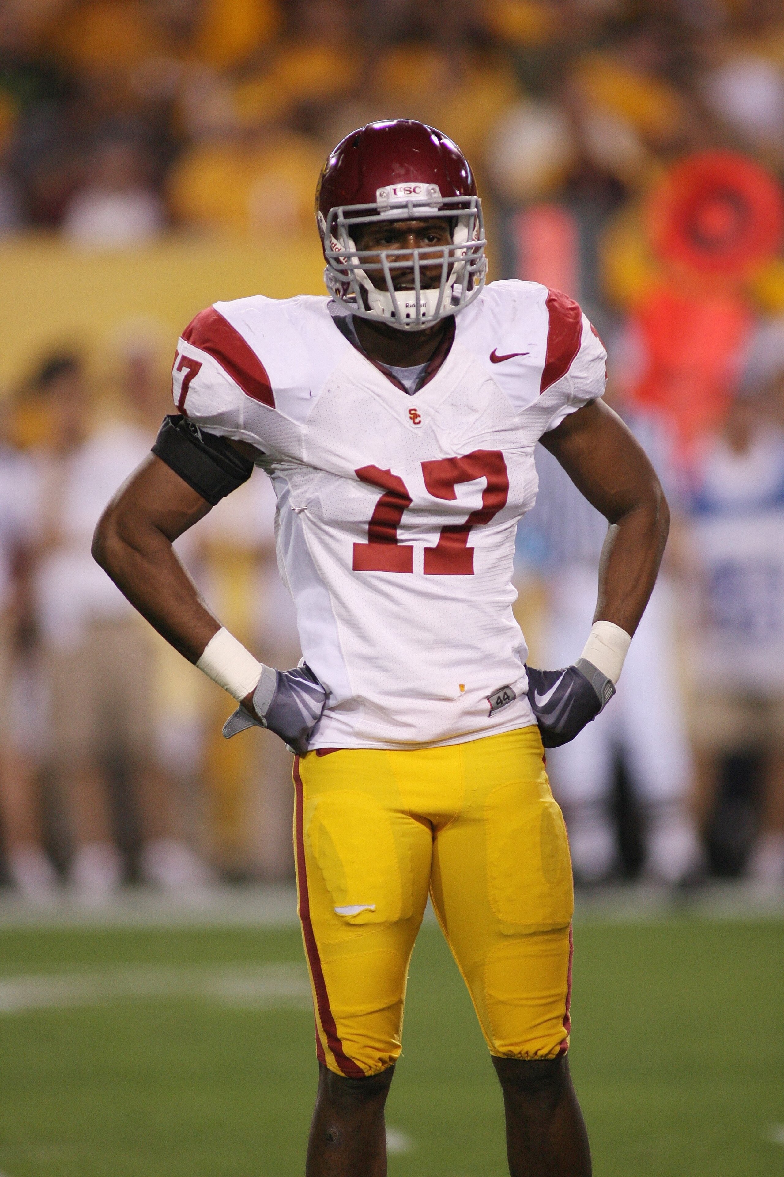 TEMPE, AZ - NOVEMBER 7:  Michael Morgan #17 of the USC Trojans looks to the sideline against the Arizona State Sun Devils on November 7, 2009 at Sun Devil Stadium in Tempe, Arizona.  USC won 14-9.  (Photo by Jeff Golden/Getty Images)