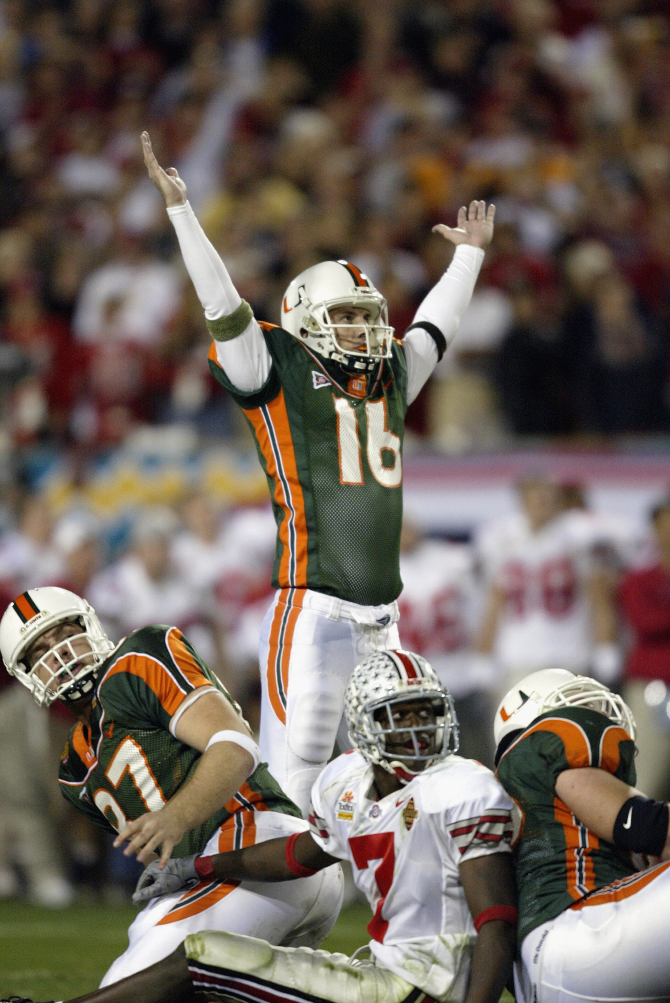 TEMPE, AZ - JANUARY 3: Kicker Todd Sievers #16 of the Miami Hurricanes celebrates after kicking the game tying field goal against the Ohio State Buckeyes to send his team into overtime during the Tostitos Fiesta Bowl on January 3, 2003 at Sun Devil Stadi TEMPE, AZ - JANUARY 3: Kicker Todd Sievers #16 of the Miami Hurricanes celebrates after kicking the game tying field goal against the Ohio State Buckeyes to send his team into overtime during the Tostitos Fiesta Bowl on January 3, 2003 at Sun Devil Stadi