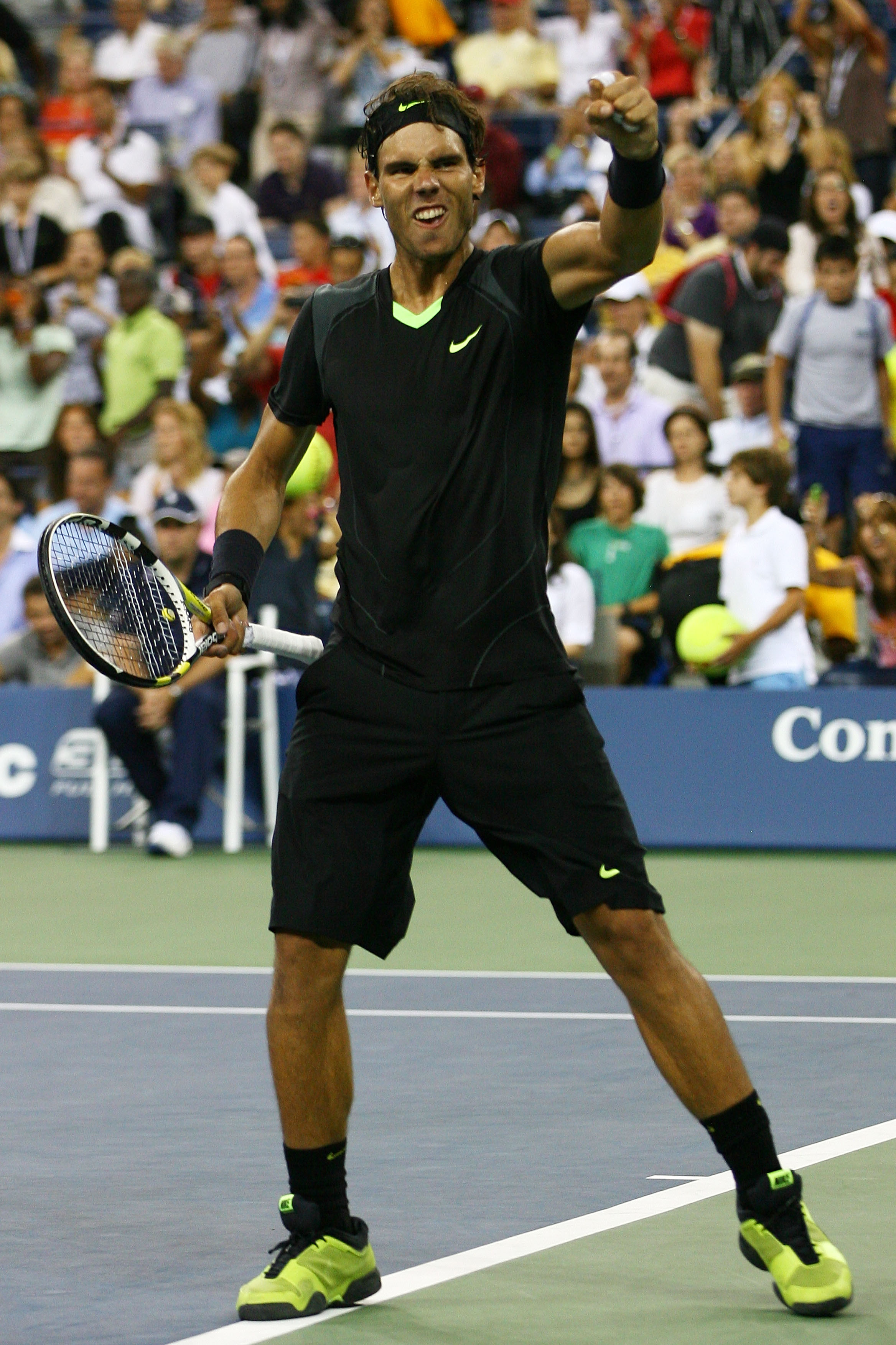 NEW YORK - SEPTEMBER 03:  Rafael Nadal of Spain celebrates defeating Denis Istomin of Uzbekistan (not pictured) during day five of the 2010 U.S. Open at the USTA Billie Jean King National Tennis Center on September 3, 2010 in the Flushing neighborhood of 