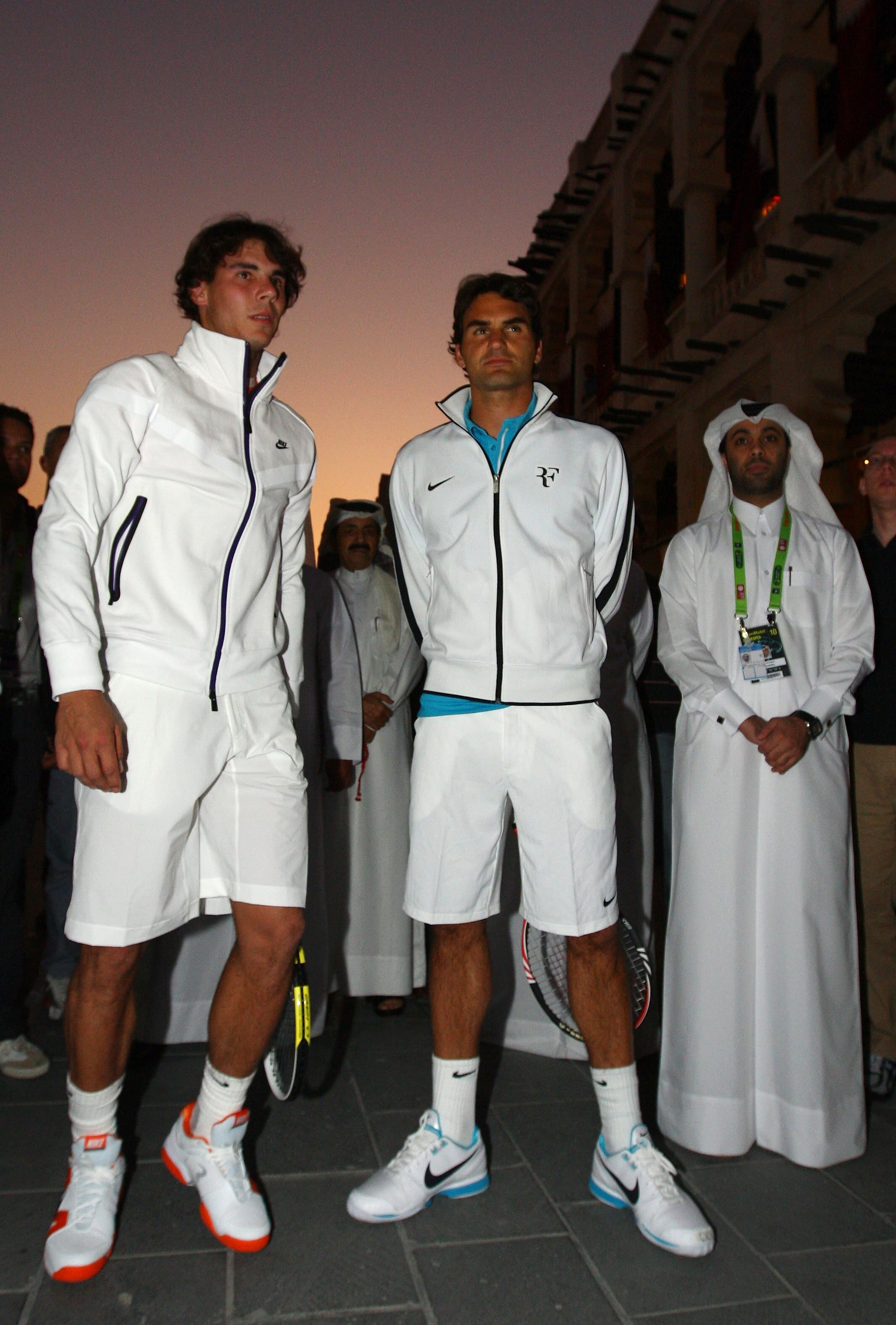 DOHA, QATAR - JANUARY 03:  Roger Federer of Switzerland and Rafael Nadal of Spain attend a photocall to Launch the ATP Qatar ExxonMobil Open at the Souq Waqif on January 3, 2010 in Doha, Qatar.  (Photo by Ian Walton/Getty Images)