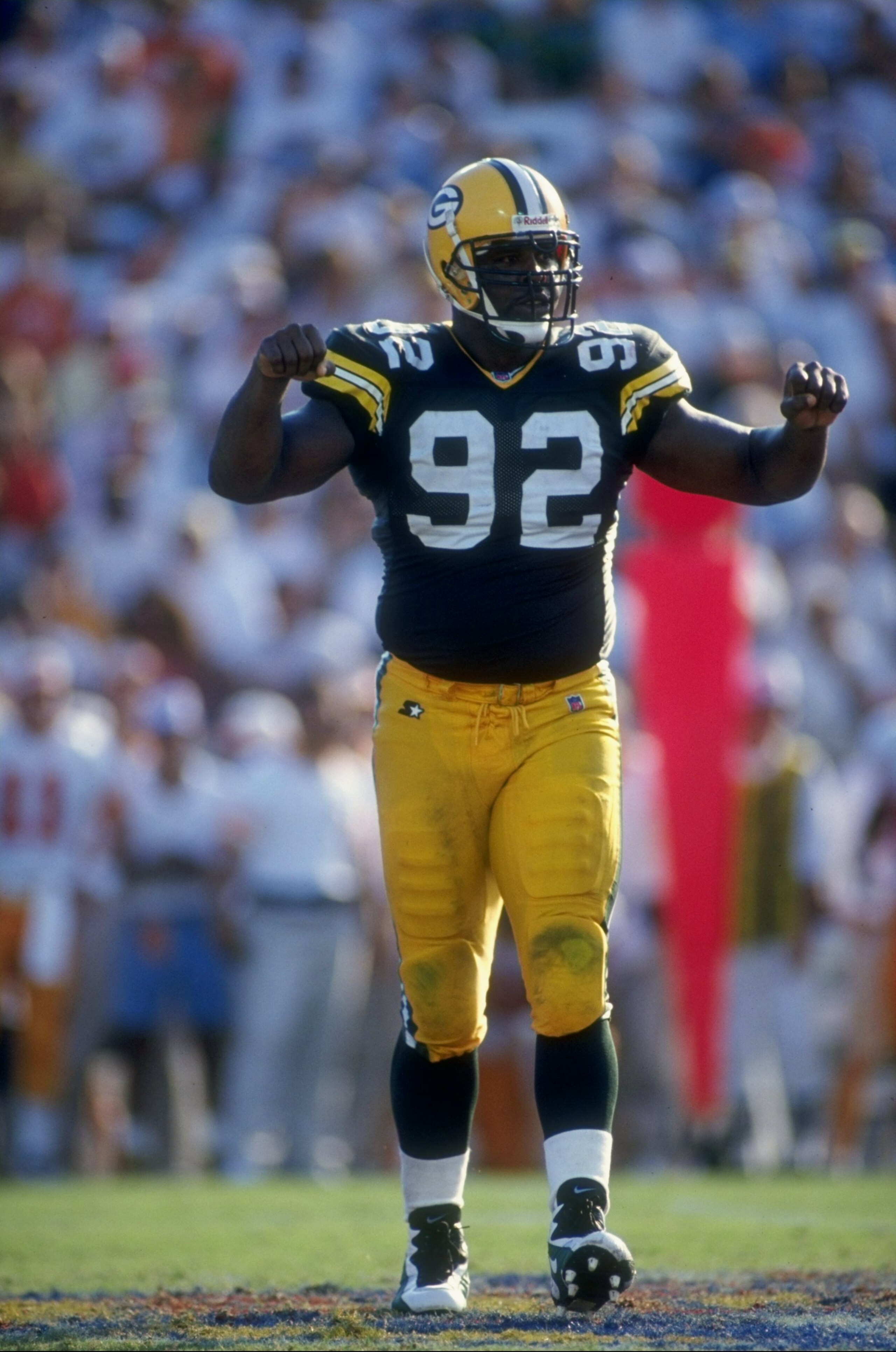 1 Sep 1996: Defensive end Reggie White #92 of the Green Bay Packers during the Packers 34-3 win over the Tampa Bay Buccaneers at Tampa Stadium in Tampa, Florida. Mandatory Credit: Scott Halleran /Allsport 1 Sep 1996: Defensive end Reggie White #92 of the Green Bay Packers during the Packers 34-3 win over the Tampa Bay Buccaneers at Tampa Stadium in Tampa, Florida. Mandatory Credit: Scott Halleran /Allsport