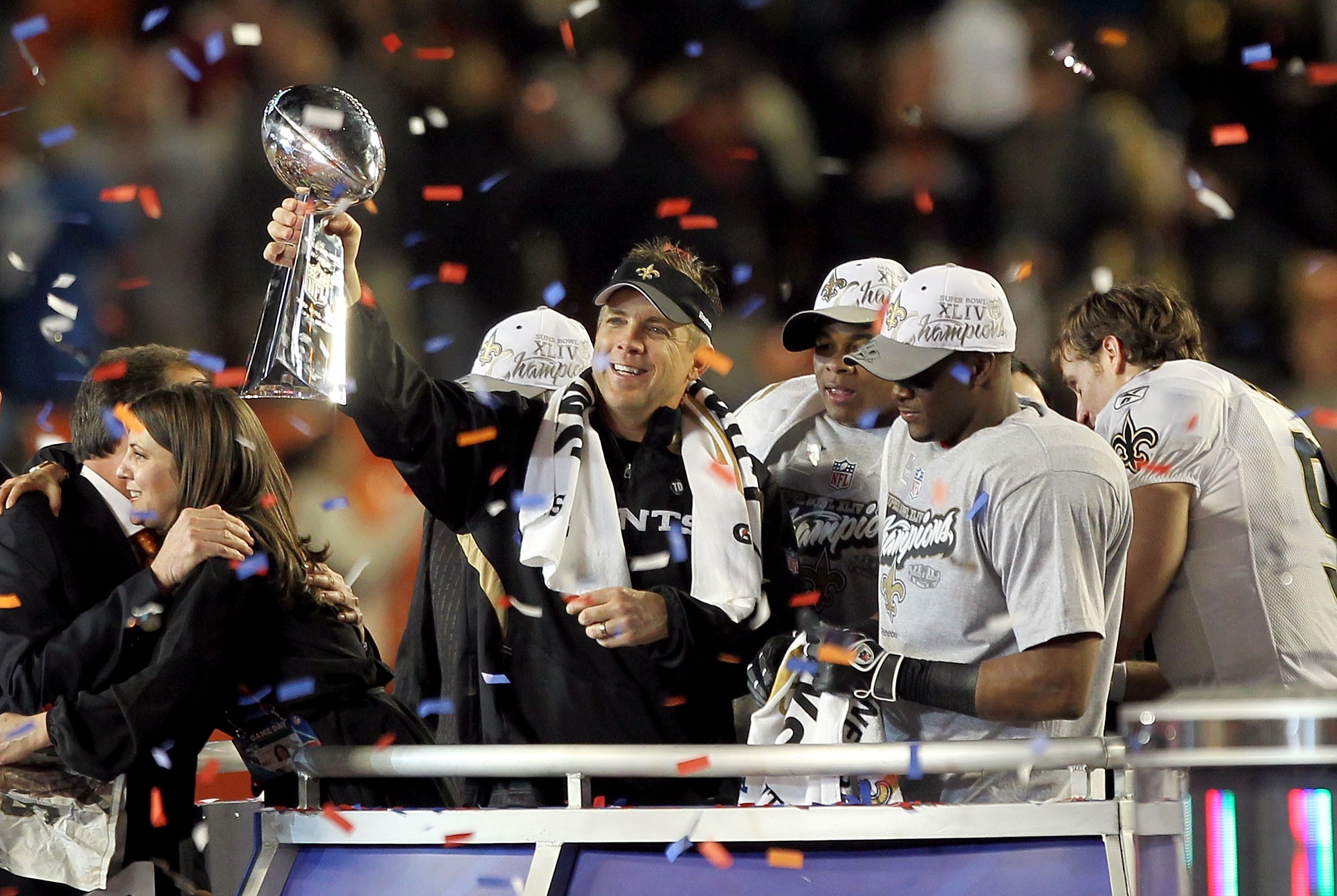 MIAMI GARDENS, FL - FEBRUARY 07:  Head coach Sean Payton of the New Orleans Saints celebrates with the Vince Lombardi Trophy after his team defeated the Indianapolis Colts during Super Bowl XLIV on February 7, 2010 at Sun Life Stadium in Miami Gardens, Fl
