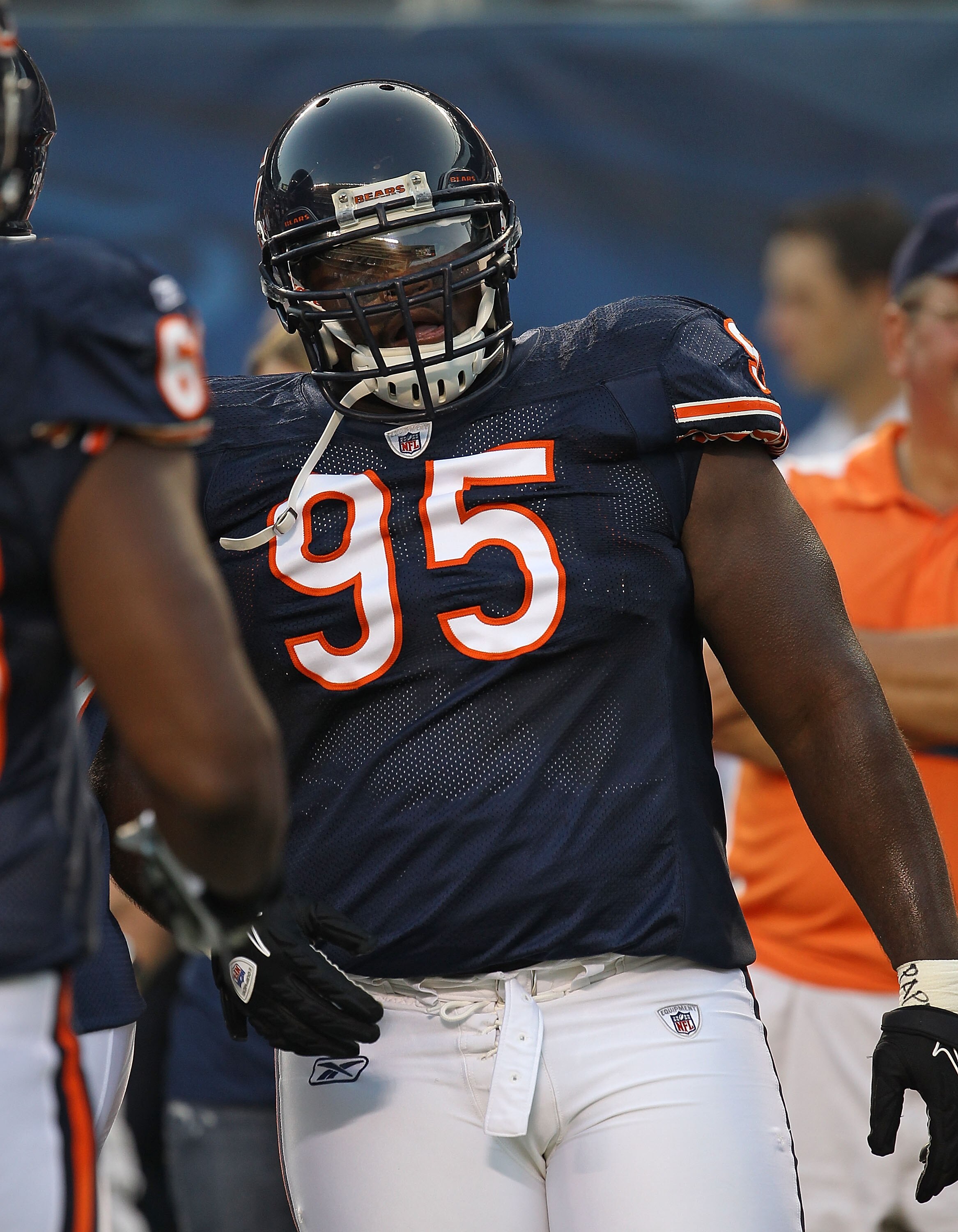 CHICAGO - AUGUST 21: Anthony Adams #95 of the Chicago Bears warms-up before a preseason game against the Oakland Raiders at Soldier Field on August 21, 2010 in Chicago, Illinois. The Raiders defeated the Bears 32-17.  (Photo by Jonathan Daniel/Getty Image