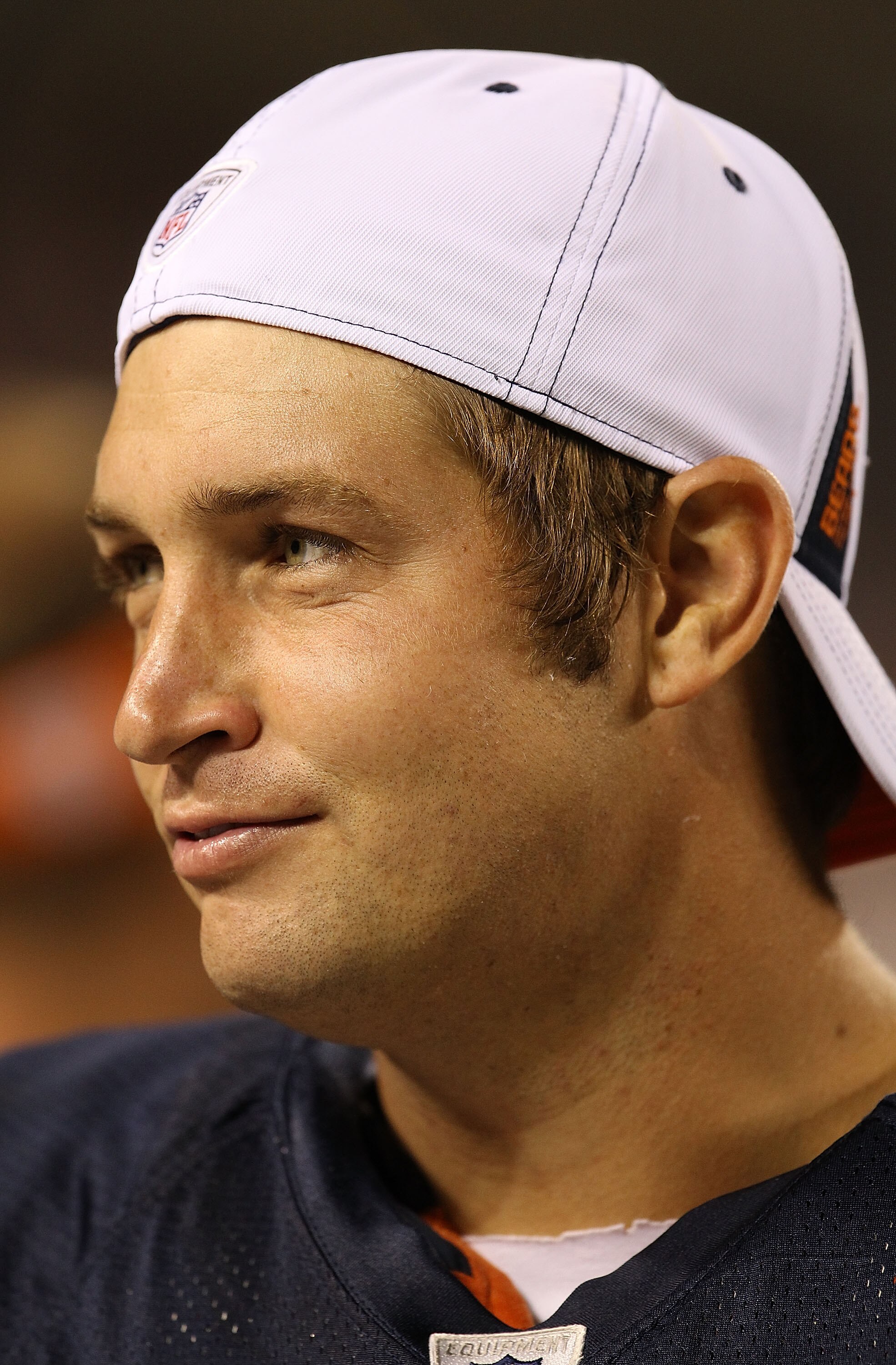 CHICAGO - AUGUST 28: Jay Cutler #6 of the Chicago Bears talks to a teammate on the sidelines during a preseason game against the Arizona Cardinals at Soldier Field on August 28, 2010 in Chicago, Illinois. The Cardinals defeated the Bears 14-9. (Photo by J