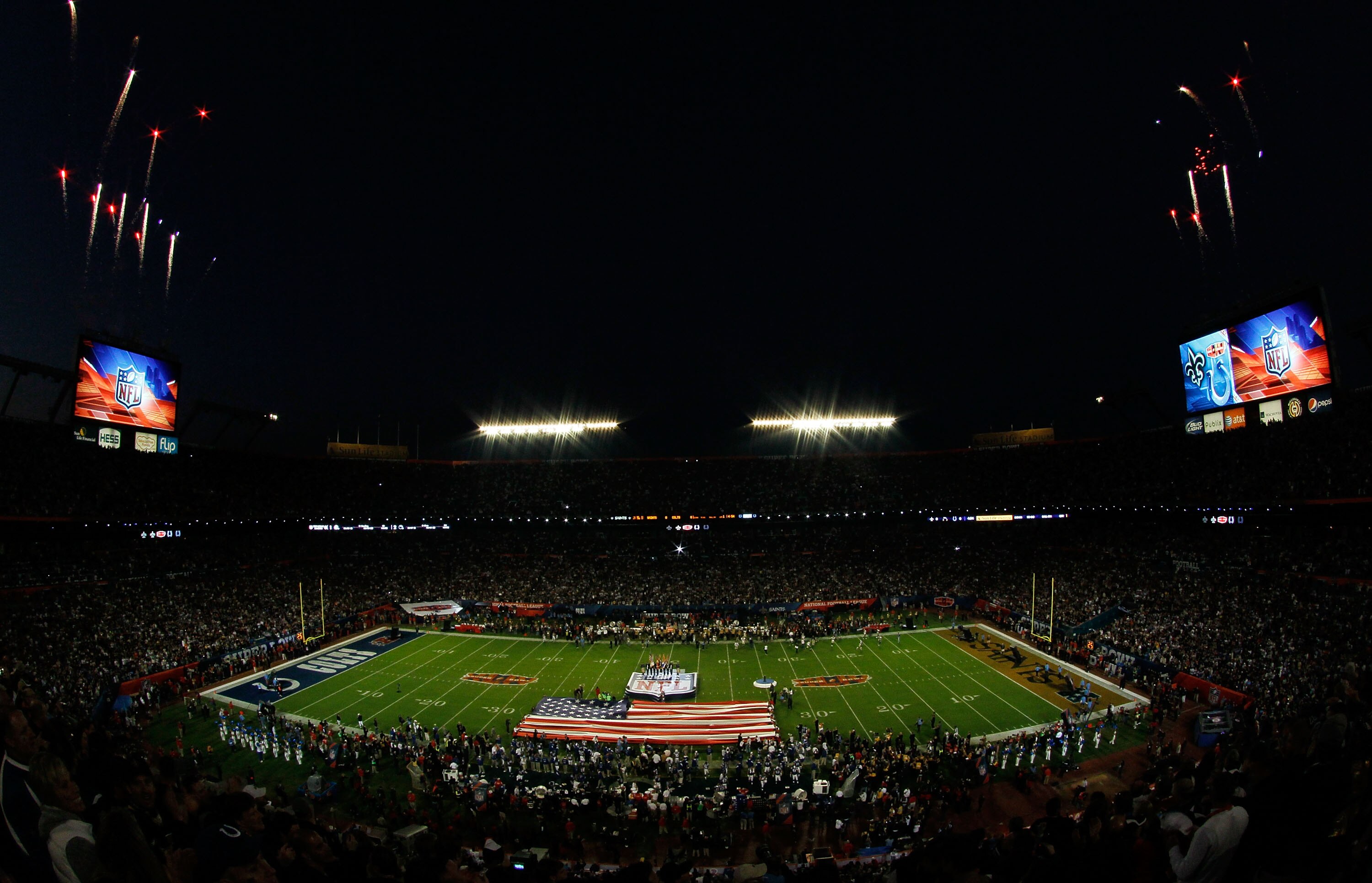 MIAMI GARDENS, FL - FEBRUARY 07:  A flag is seen on the field prior to Super Bowl XLIV between the Indianapolis Colts and the New Orleans Saints on February 7, 2010 at Sun Life Stadium in Miami Gardens, Florida.  (Photo by Doug Benc/Getty Images)