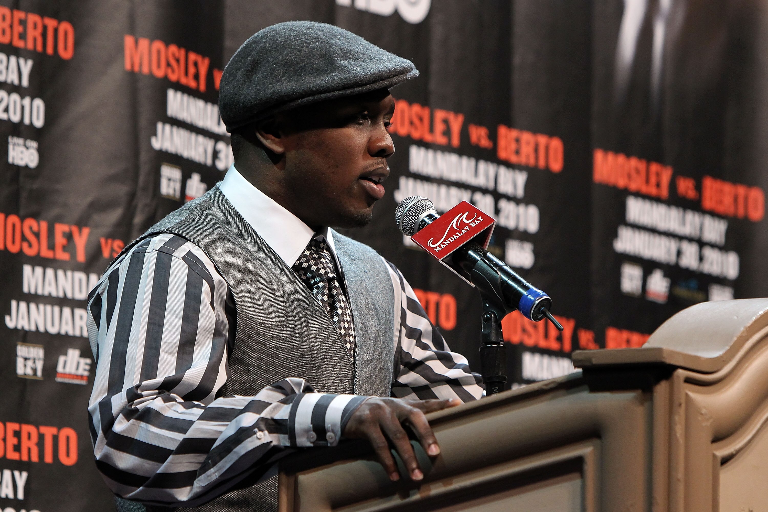 LAS VEGAS - NOVEMBER 14: (L-R) Andre Berto speaks during a news conference at the Mandalay Bay Hotel & Casino on November 14, 2009 in Las Vegas, Nevada. Boxers Andre Berto and Shane Mosley announced today they will meet in the ring on January 30, 2010 at LAS VEGAS - NOVEMBER 14: (L-R) Andre Berto speaks during a news conference at the Mandalay Bay Hotel & Casino on November 14, 2009 in Las Vegas, Nevada. Boxers Andre Berto and Shane Mosley announced today they will meet in the ring on January 30, 2010 at