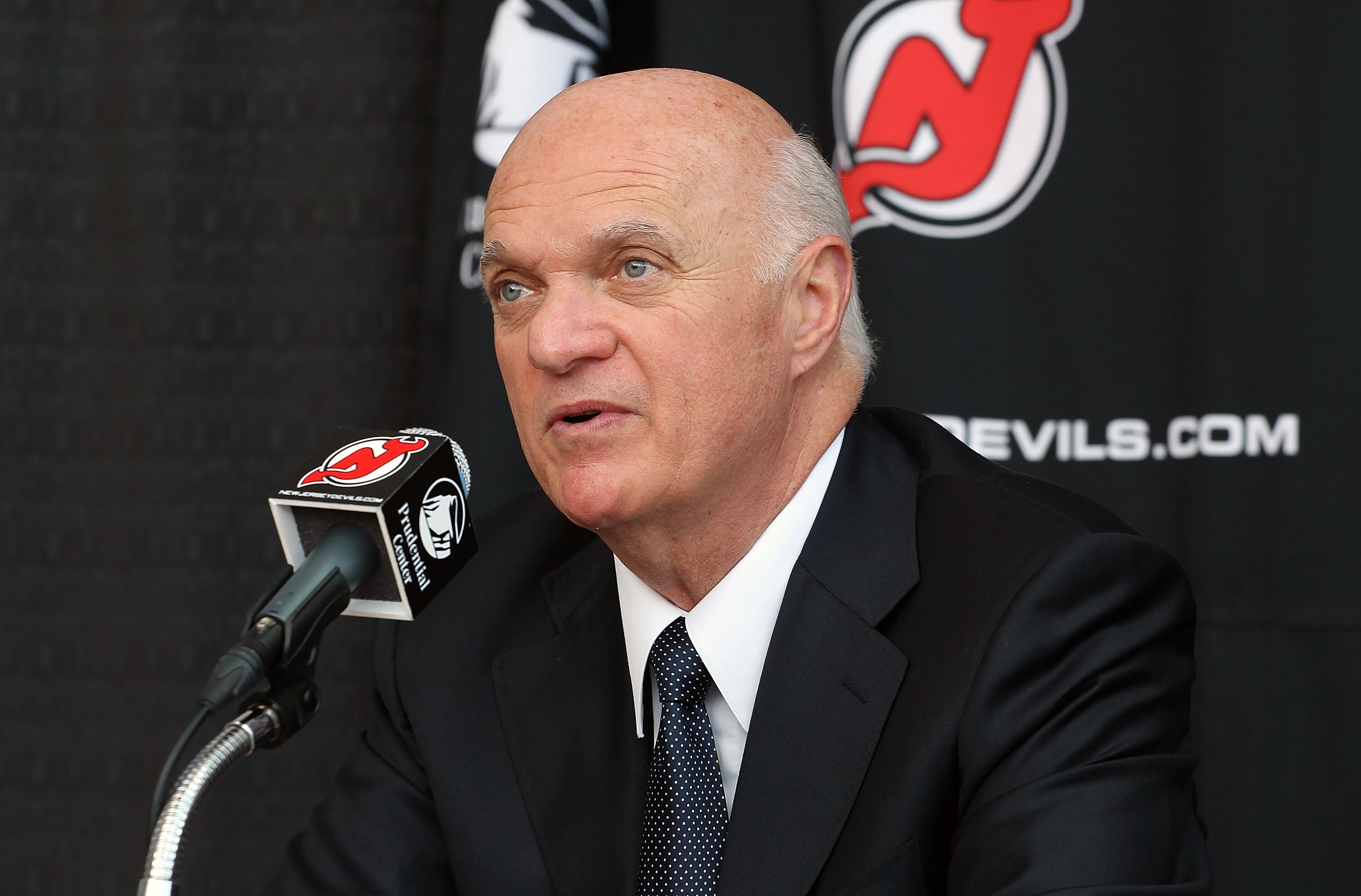 NEWARK, NJ - JUNE 17: CEO/ President/  General Manager Lou Lamoriello of the New Jersey Devils address the media after introducing John MacLean as the Devils new head coach during a press conference at the Prudential Center on June 17, 2010 in Newark, New