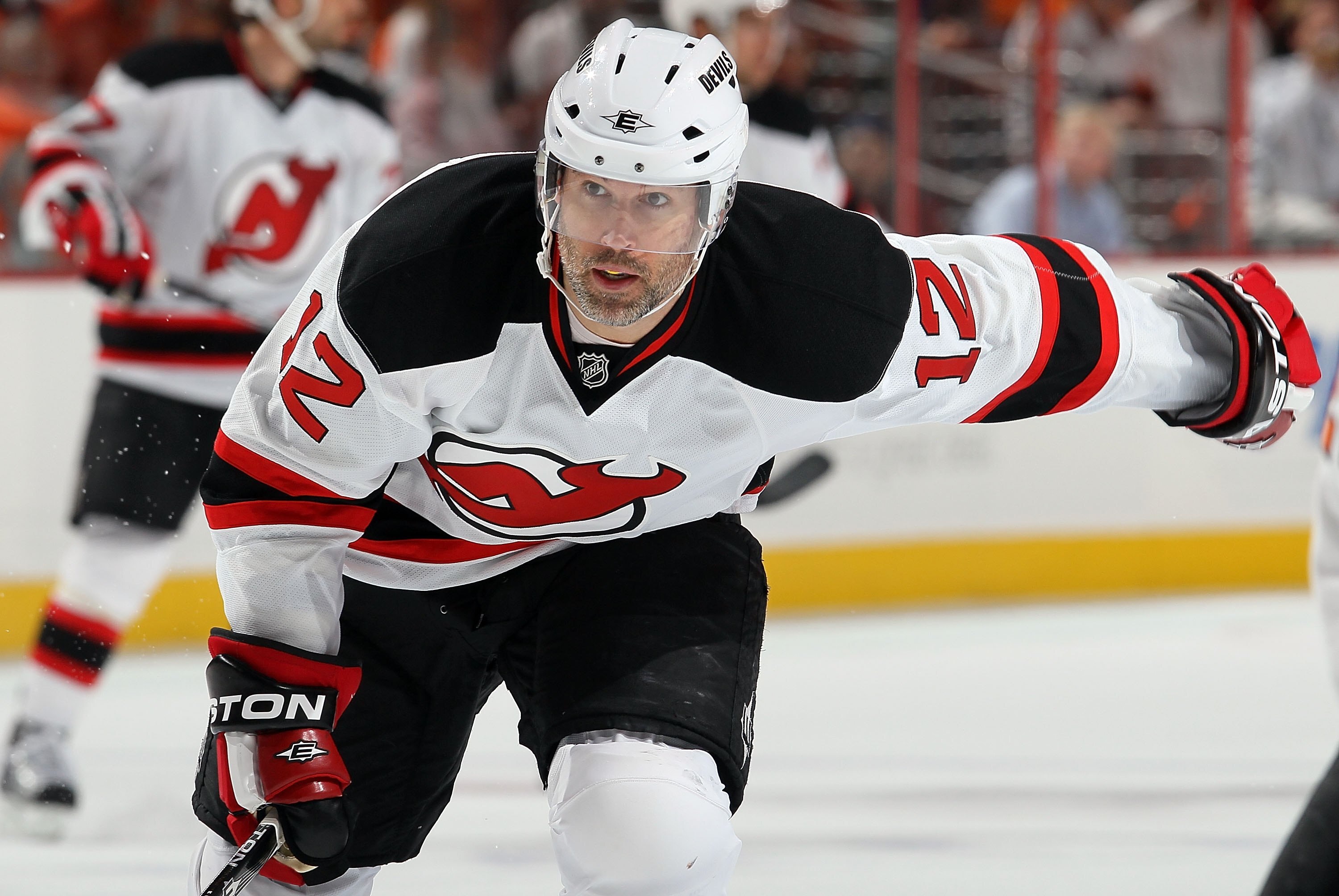 PHILADELPHIA - APRIL 20:  Brian Rolston #12 of the New Jersey Devils skates against of the Philadelphia Flyers in Game Four of the Eastern Conference Quarterfinals during the 2010 NHL Stanley Cup Playoffs at the Wachovia Center on April 20, 2010 in Philad