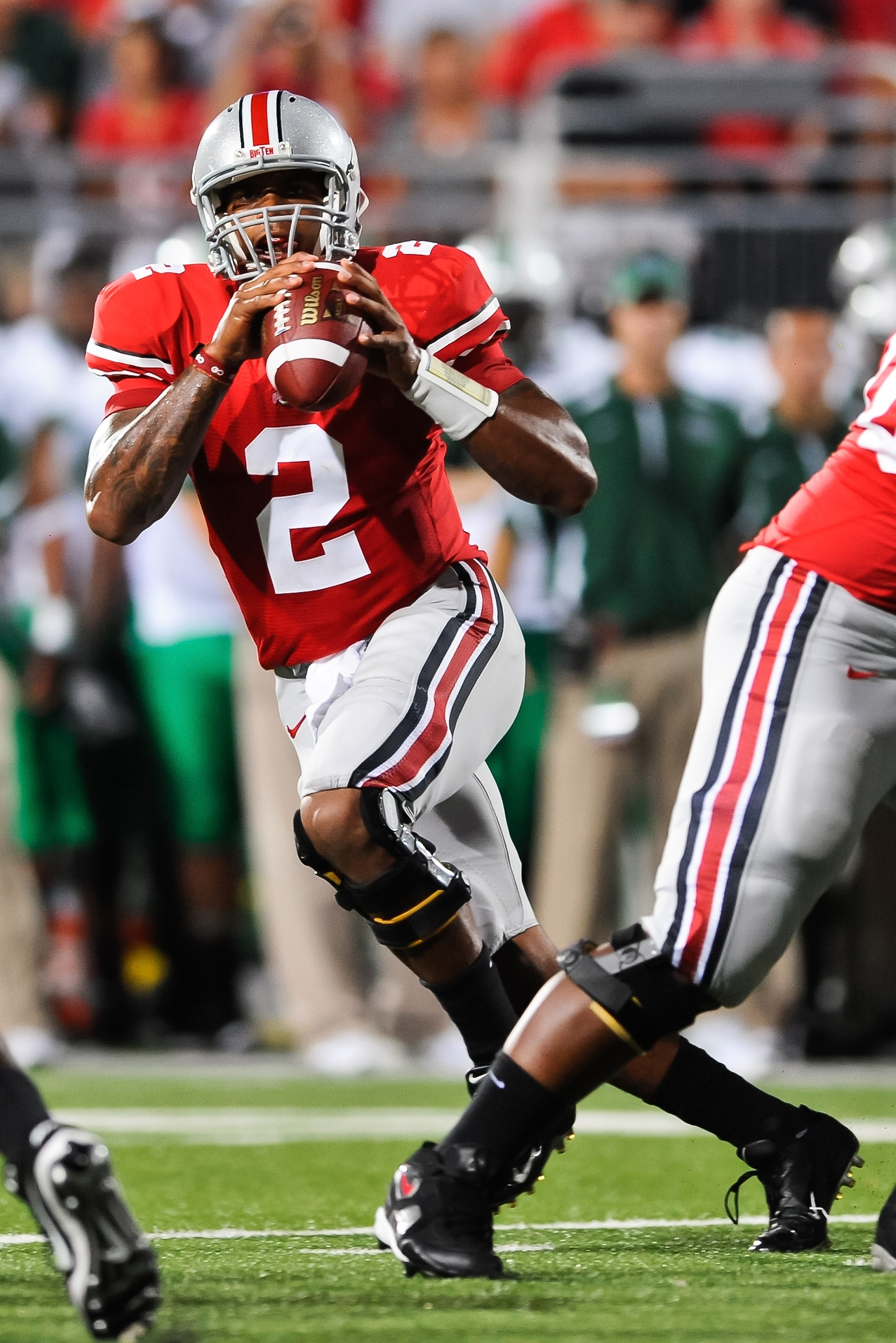 COLUMBUS, OH - SEPTEMBER 2: Terrelle Pryor #2 of the Ohio State Buckeyes drops back in the pocket against the Marshall Thundering Herd at Ohio Stadium on September 2, 2010 in Columbus, Ohio. (Photo by Jamie Sabau/Getty Images)