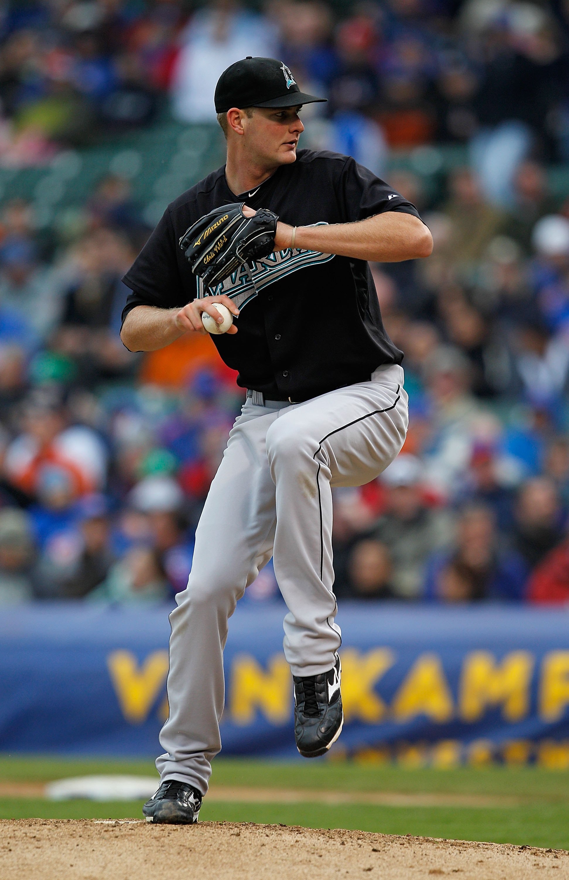 CHICAGO - MAY 12: Starting pitcher Chris Volstad #41 of the Florida Marlins delivers the ball against the Chicago Cubs at Wrigley Field on May 12, 2010 in Chicago, Illinois. The Cubs defeated the Marlins 4-3.  (Photo by Jonathan Daniel/Getty Images)