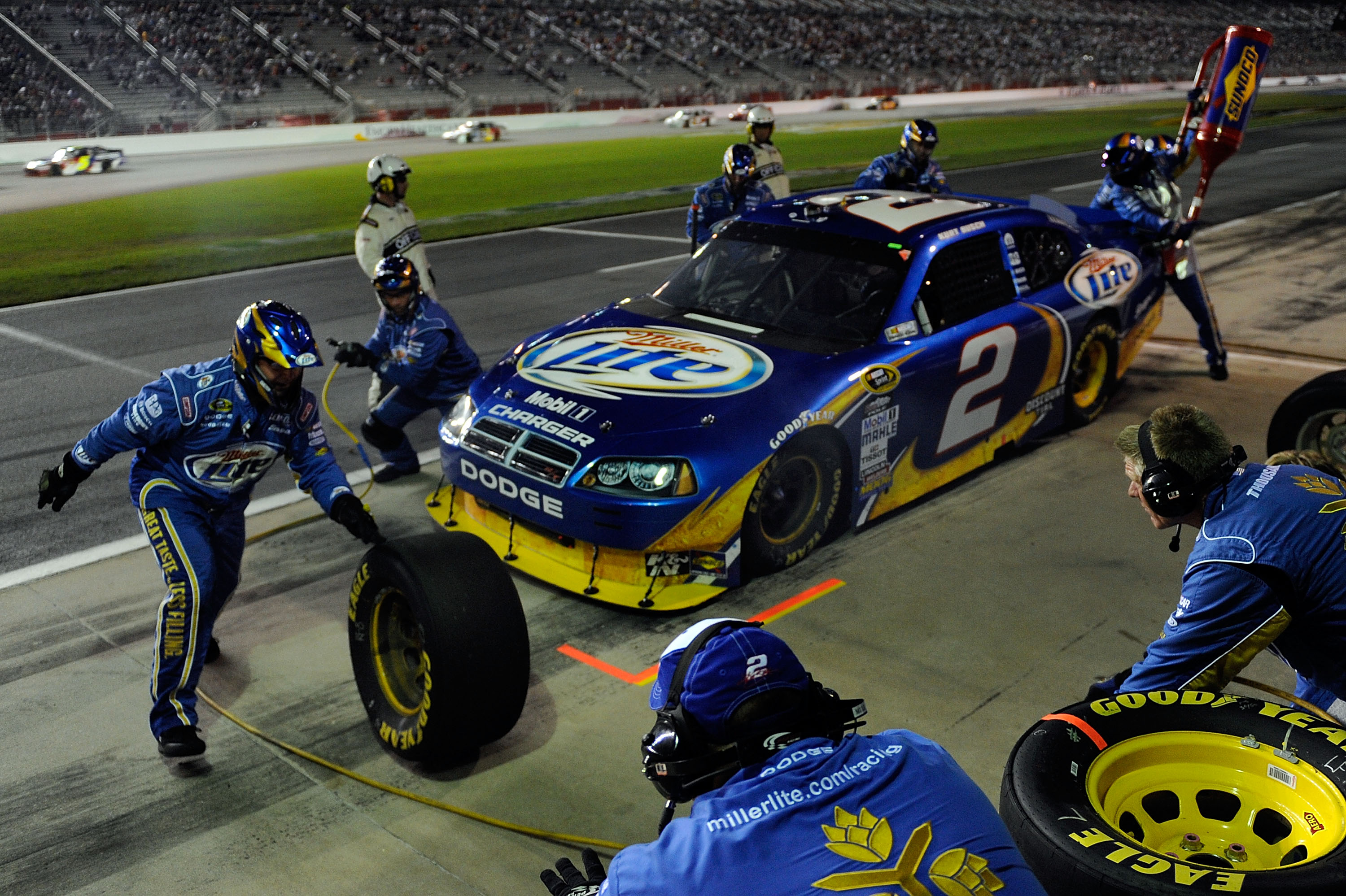 HAMPTON, GA - SEPTEMBER 05:  Kurt Busch, driver of the #2 Miller Lite Dodge, pits during the NASCAR Sprint Cup Series Emory Healthcare 500 at Atlanta Motor Speedway on September 5, 2010 in Hampton, Georgia.  (Photo by John Harrelson/Getty Images for NASCA