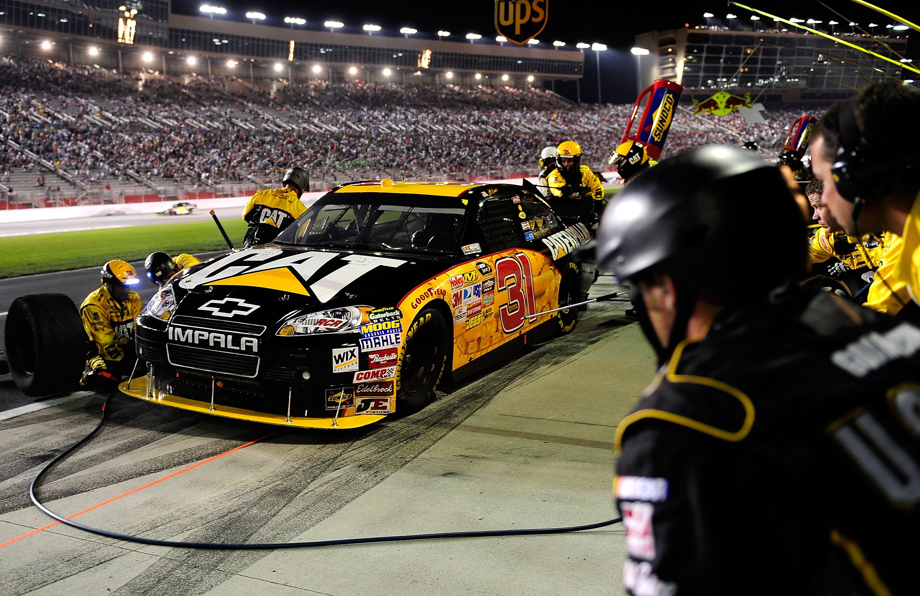 HAMPTON, GA - SEPTEMBER 05: Jeff Burton, driver of the #31 Caterpillar Chevrolet, pits during the NASCAR Sprint Cup Series Emory Healthcare 500 at Atlanta Motor Speedway on September 5, 2010 in Hampton, Georgia.  (Photo by Rusty Jarrett/Getty Images for N