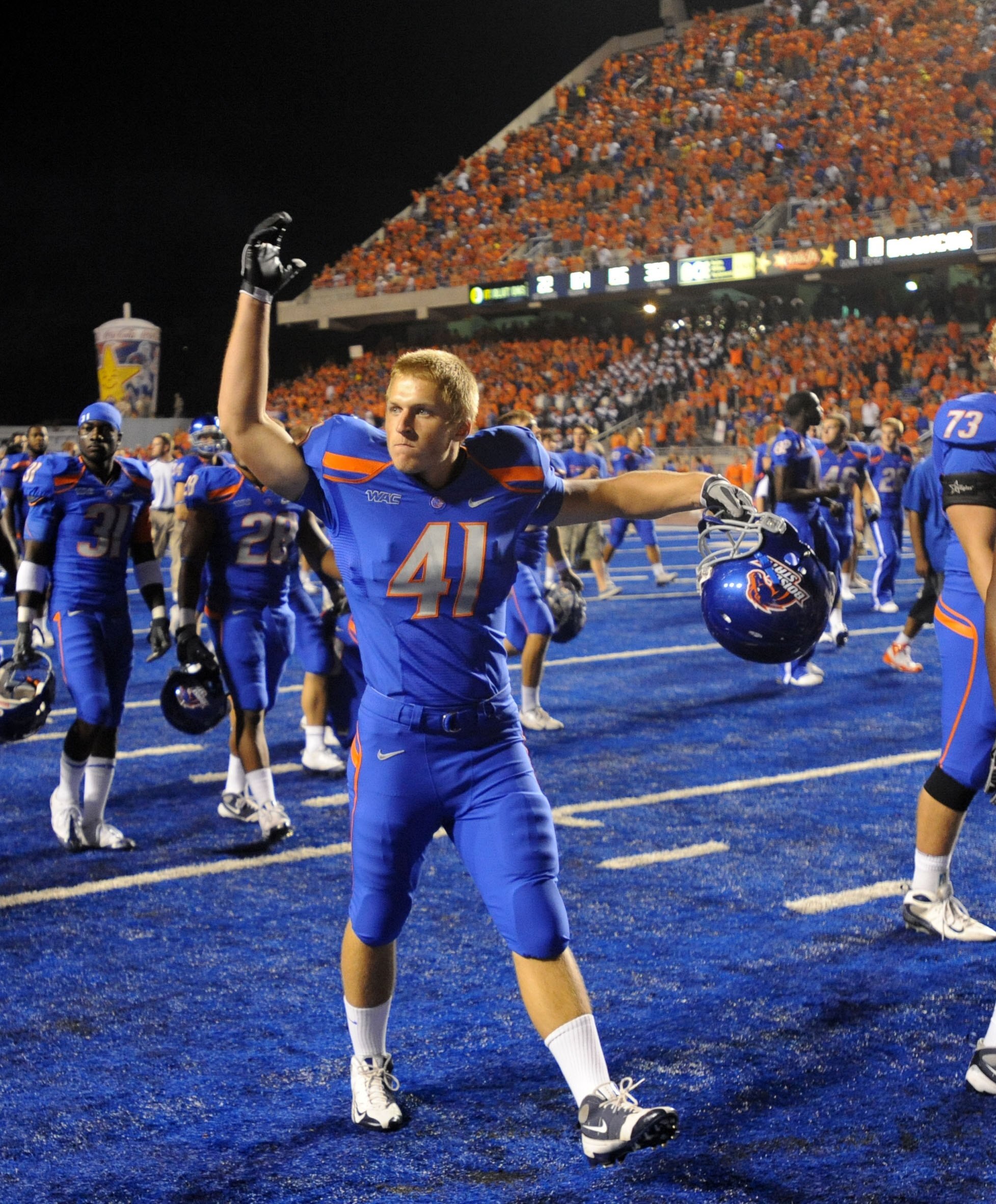 BOISE, ID - SEPTEMBER 3: Joey Paul #41 of the Boise State Broncos taunts Oregon Duck players after LaGarrette Blount #9 (not in photo) of the Oregon Ducks punched a Boise State Broncos player after the Boise State defeated Oregon 19-8 on September 3, 2009 BOISE, ID - SEPTEMBER 3: Joey Paul #41 of the Boise State Broncos taunts Oregon Duck players after LaGarrette Blount #9 (not in photo) of the Oregon Ducks punched a Boise State Broncos player after the Boise State defeated Oregon 19-8 on September 3, 2009
