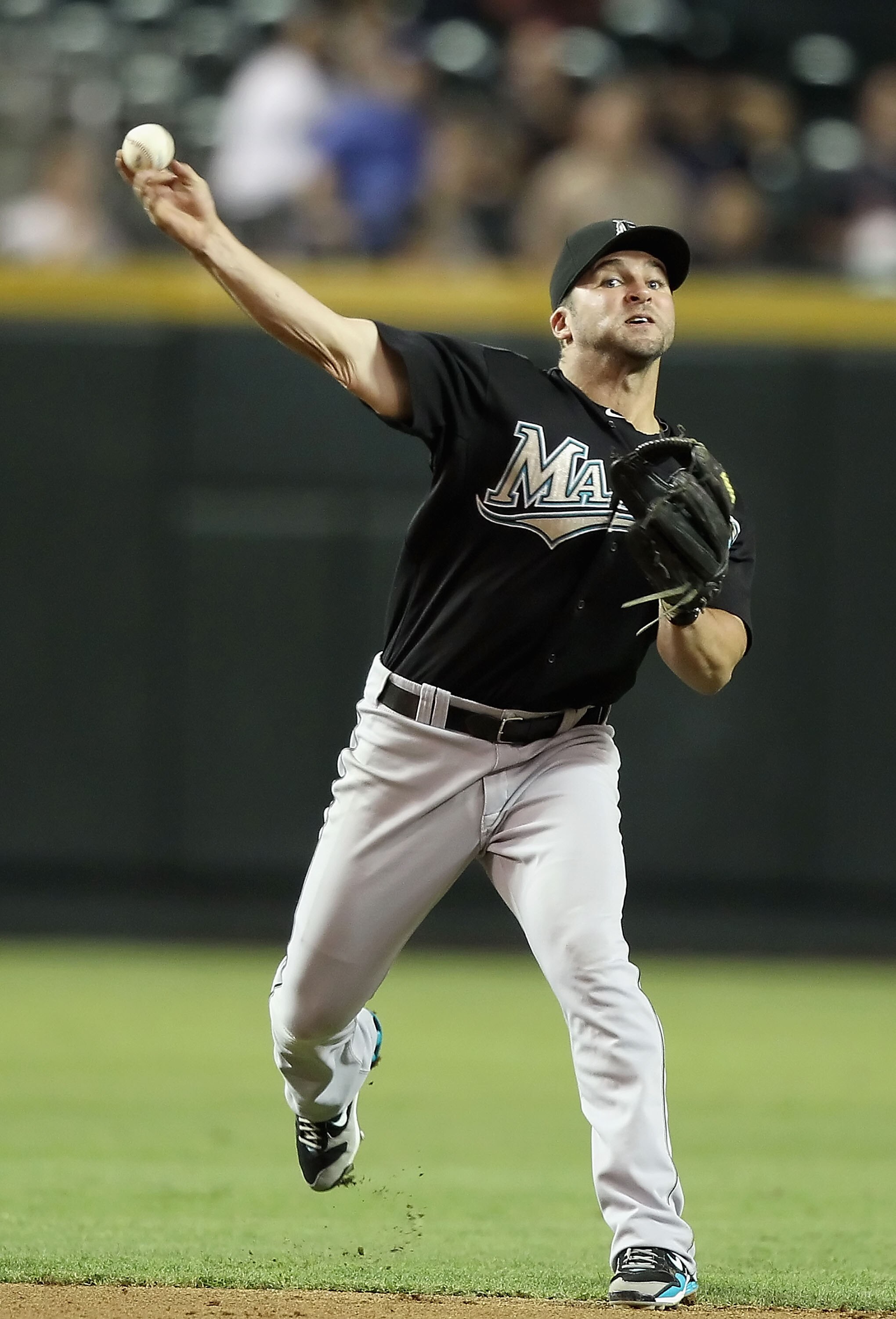 PHOENIX - JULY 08:  Infielder Dan Uggla #6 of the Florida Marlins in action during the Major League Baseball game against the Arizona Diamondbacks at Chase Field on July 8, 2010 in Phoenix, Arizona. The Diamondbacks defeated the Marlins 10-4.  (Photo by C