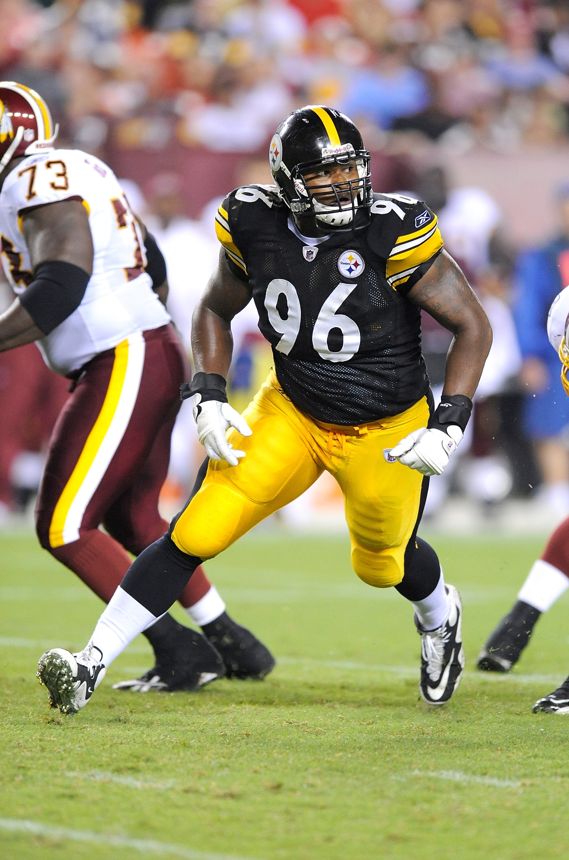 LANDOVER, MD - AUGUST 22:  Ziggy Hood #96 of the Pittsburgh Steelers rushes the quarterback during the game against the Washington Redskins at Fed Ex Field on August 22, 2009 in Landover, Maryland.  (Photo by Greg Fiume/Getty Images)