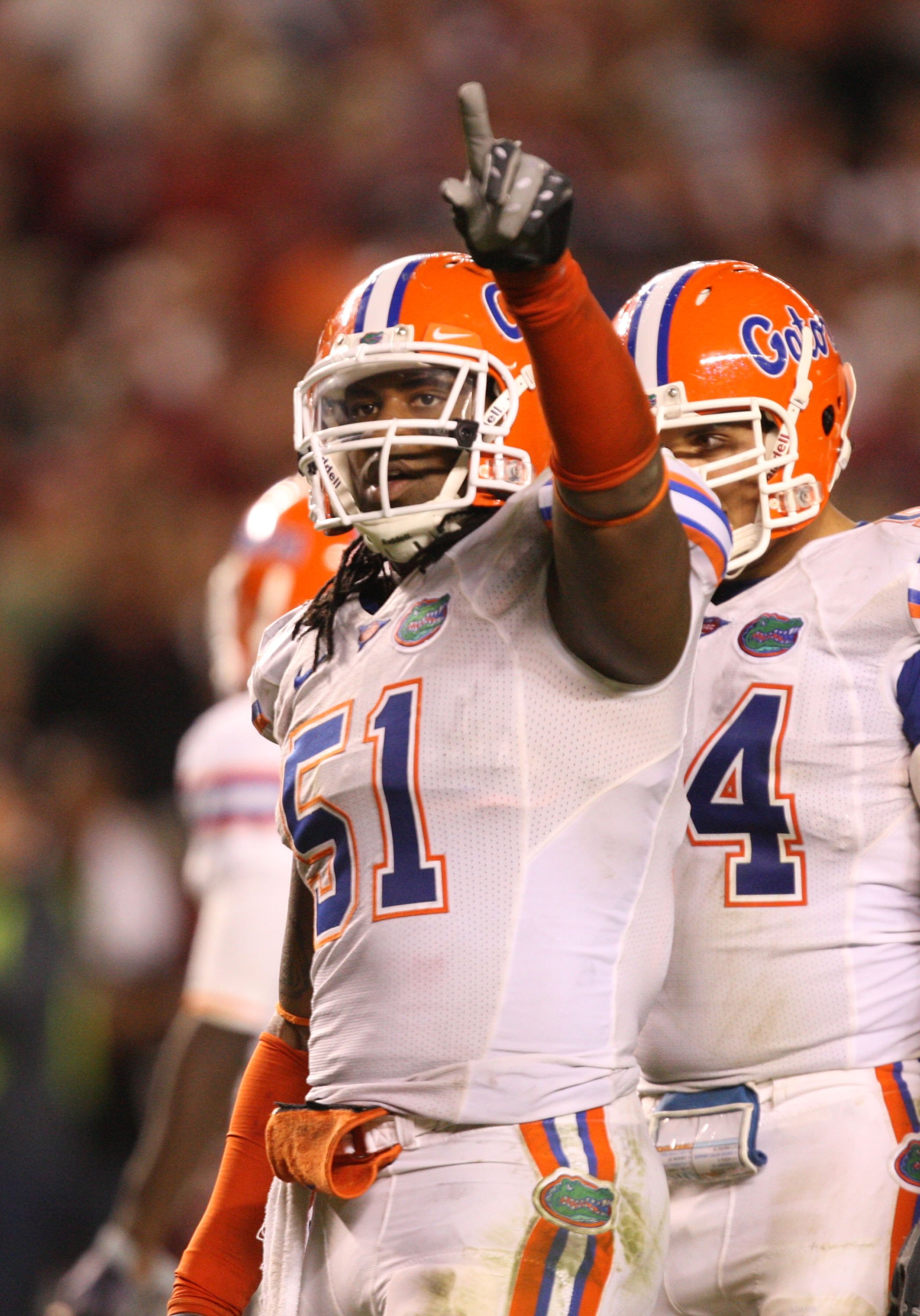 COLUMBIA, SC - NOVEMBER 14:  Brandon Spikes #51 of the Florida Gators looks on during the game against the South Carolina Gamecocks at Williams-Brice Stadium on November 14, 2009 in Columbia, South Carolina. (Photo by Streeter Lecka/Getty Images)