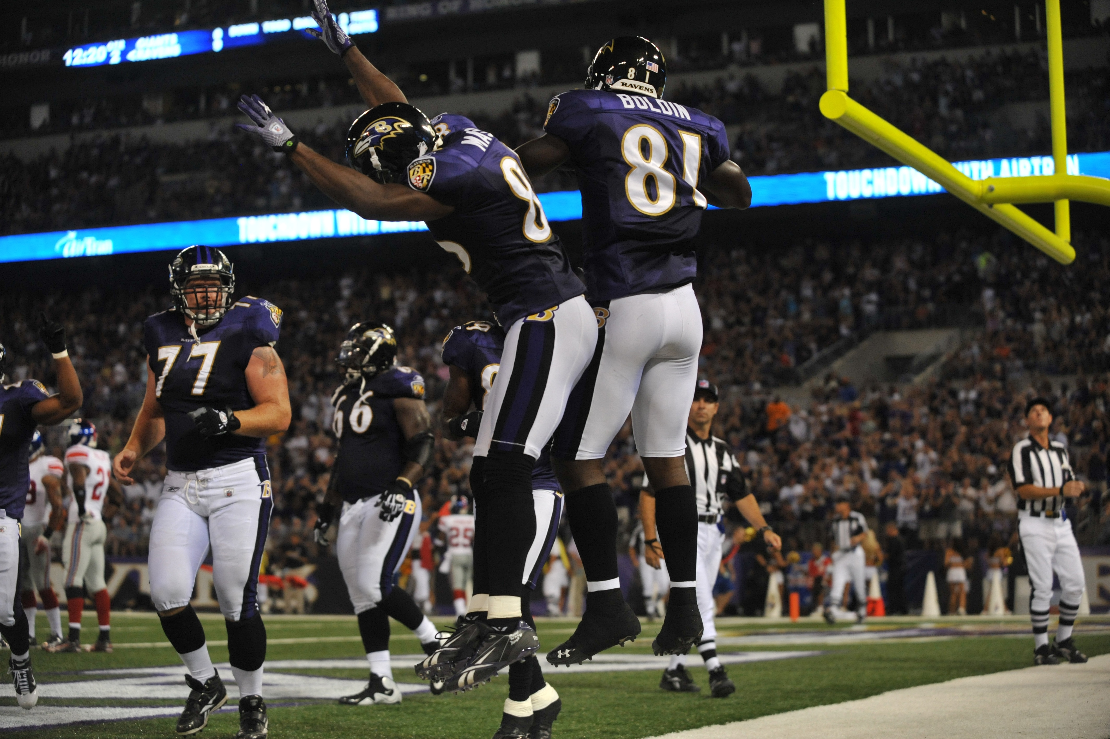 BALTIMORE - AUGUST 28:  Anquan Boldin #81 of the Baltimore Ravens celebrates a touchdown against the New York Giants at M&T Bank Stadium on August 28, 2010 in Baltimore, Maryland. The Ravens lead the Giants 17-3. (Photo by Larry French/Getty Images)