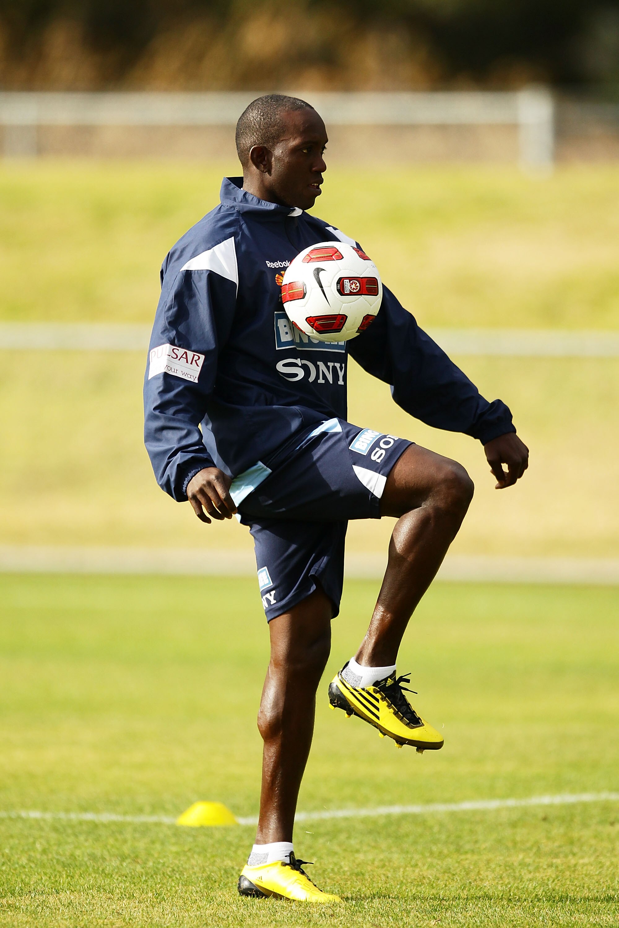 SYDNEY, AUSTRALIA - JULY 08:  Dwight Yorke controls the ball during a Sydney FC A-League training session ahead of the Sydney FC v Everton Tour Down Under match on July 10, at Macquarie University Fields on July 8, 2010 in Sydney, Australia.  (Photo by Ma