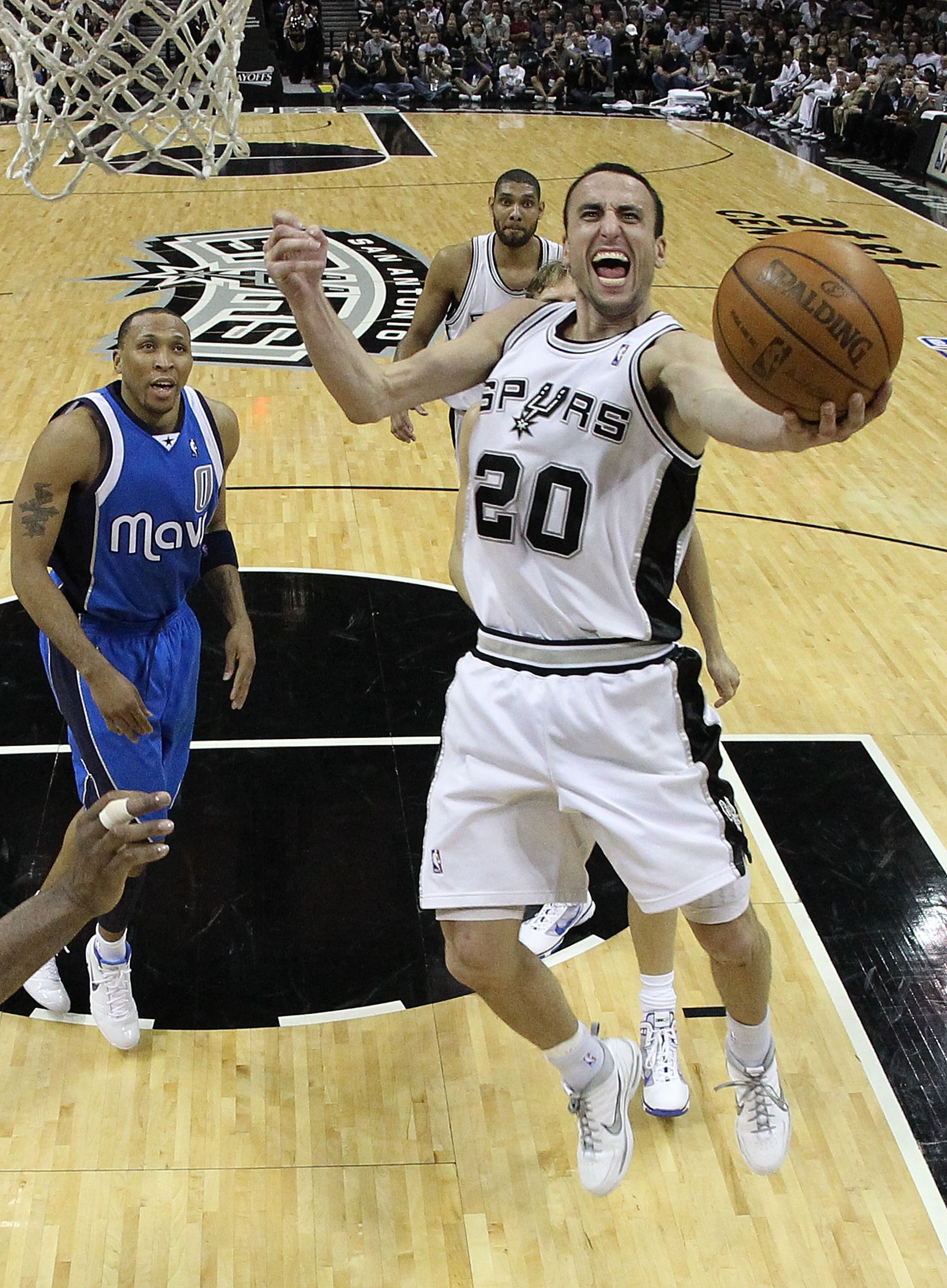SAN ANTONIO - APRIL 23:  Guard Manu Ginobili #20 of the San Antonio Spurs in Game Three of the Western Conference Quarterfinals during the 2010 NBA Playoffs at AT&T Center on April 23, 2010 in San Antonio, Texas. NOTE TO USER: User expressly acknowledges