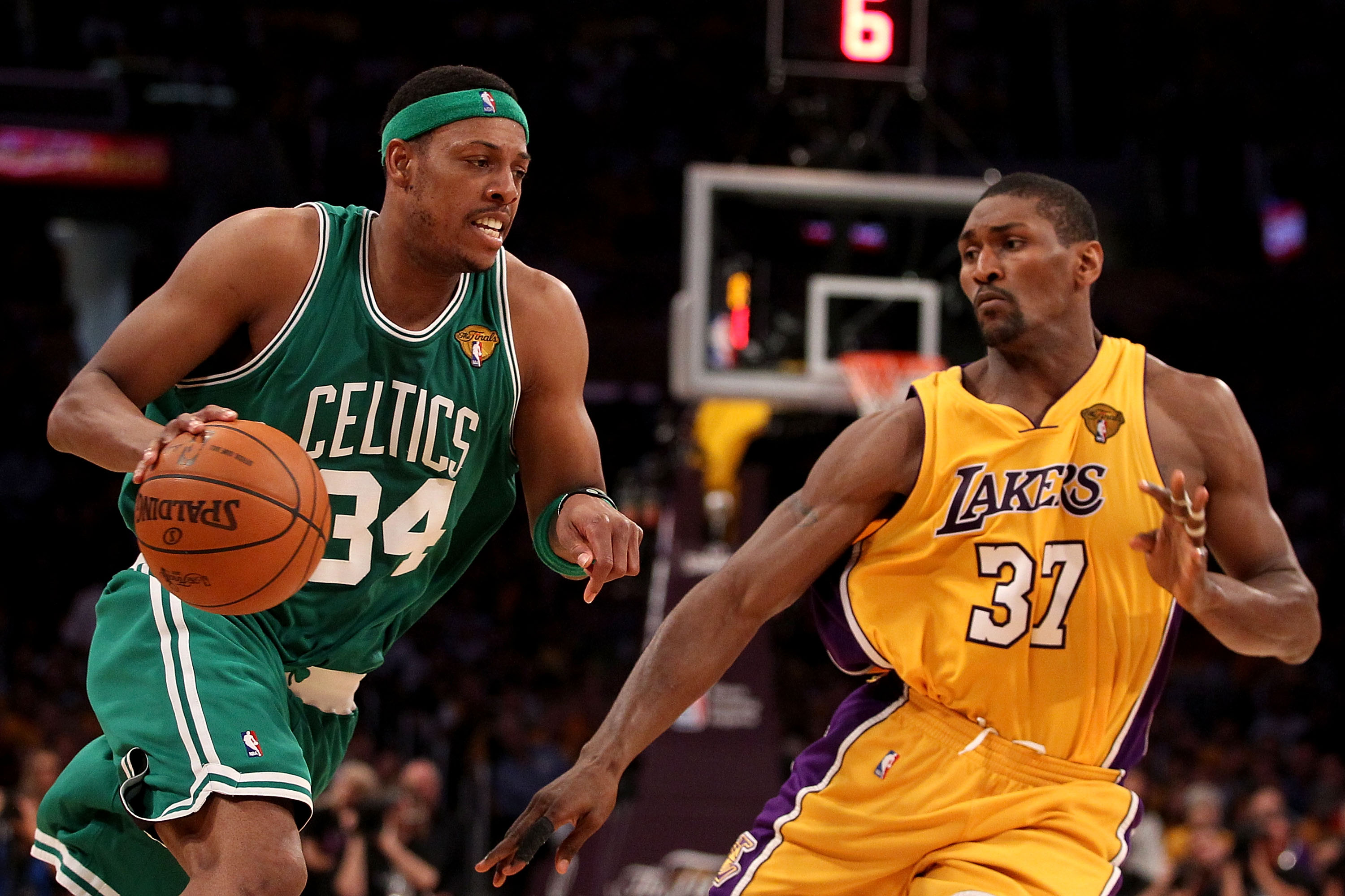 LOS ANGELES, CA - JUNE 17:  Paul Pierce #34 of the Boston Celtics drives past Ron Artest #37 of the Los Angeles Lakers in Game Seven of the 2010 NBA Finals at Staples Center on June 17, 2010 in Los Angeles, California.  NOTE TO USER: User expressly acknow