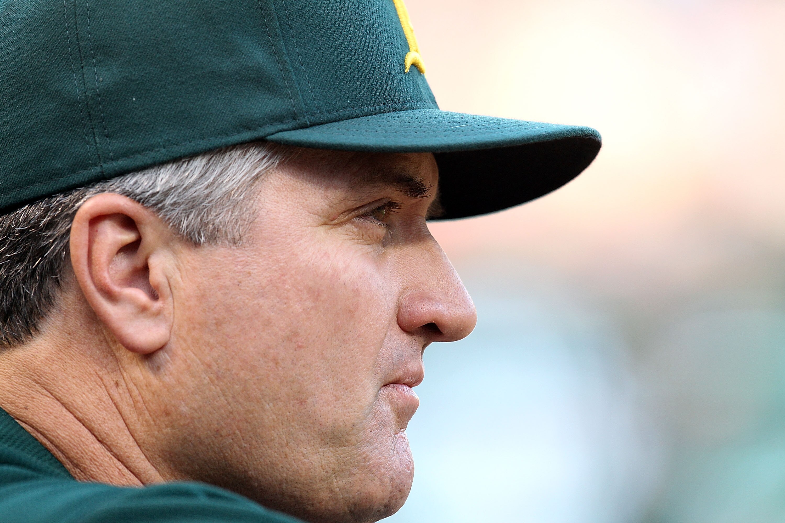 ARLINGTON, TX - JULY 29: Manager Bob Geren #17 of the Oakland Athletics on July 29, 2010 at Rangers Ballpark in Arlington, Texas. (Photo by Ronald Martinez/Getty Images) ARLINGTON, TX - JULY 29: Manager Bob Geren #17 of the Oakland Athletics on July 29, 2010 at Rangers Ballpark in Arlington, Texas. (Photo by Ronald Martinez/Getty Images)