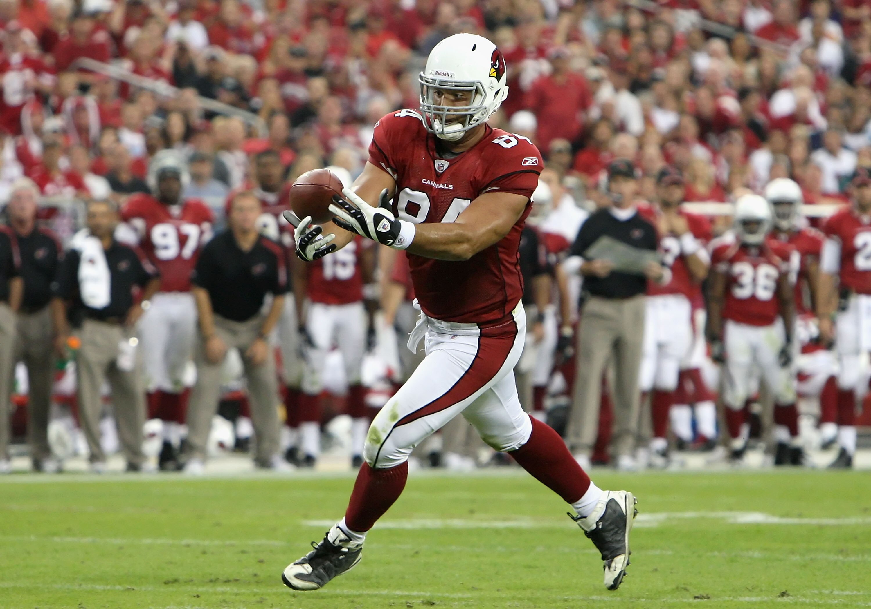 GLENDALE, AZ - NOVEMBER 01:  Tight end Anthony Becht #84 of the Arizona Cardinals makes a reception during the NFL game against the Carolina Panthers at the Universtity of Phoenix Stadium on November 1, 2009 in Glendale, Arizona. The Panthers defeated the