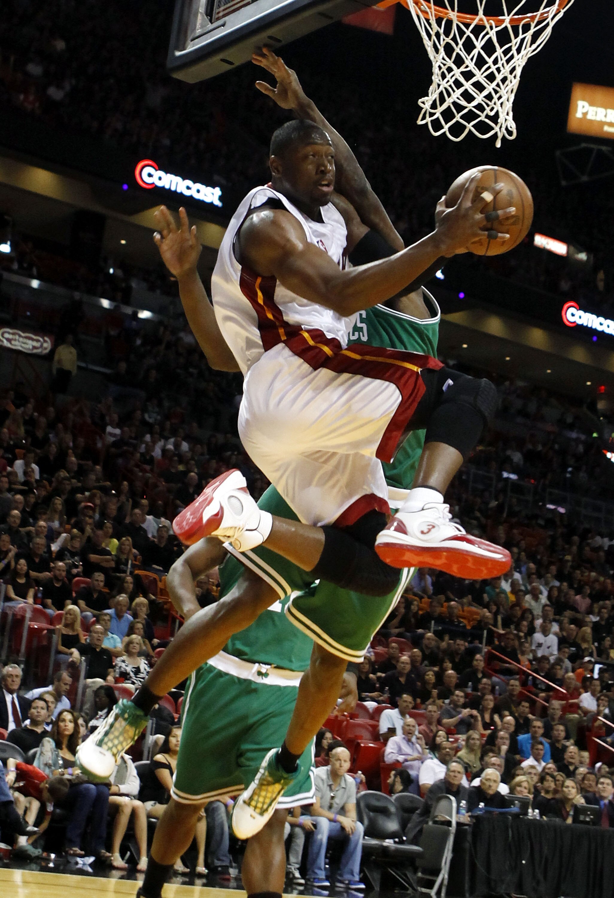 MIAMI - APRIL 25:  Guard Dwyane Wade #3 of the Miami Heat drives in against the Boston Celtics in Game Four of the Eastern Conference Quarterfinals during the 2010 NBA Playoffs at American Airlines Arena on April 25, 2010 in Miami, Florida. Wdae had 46 po