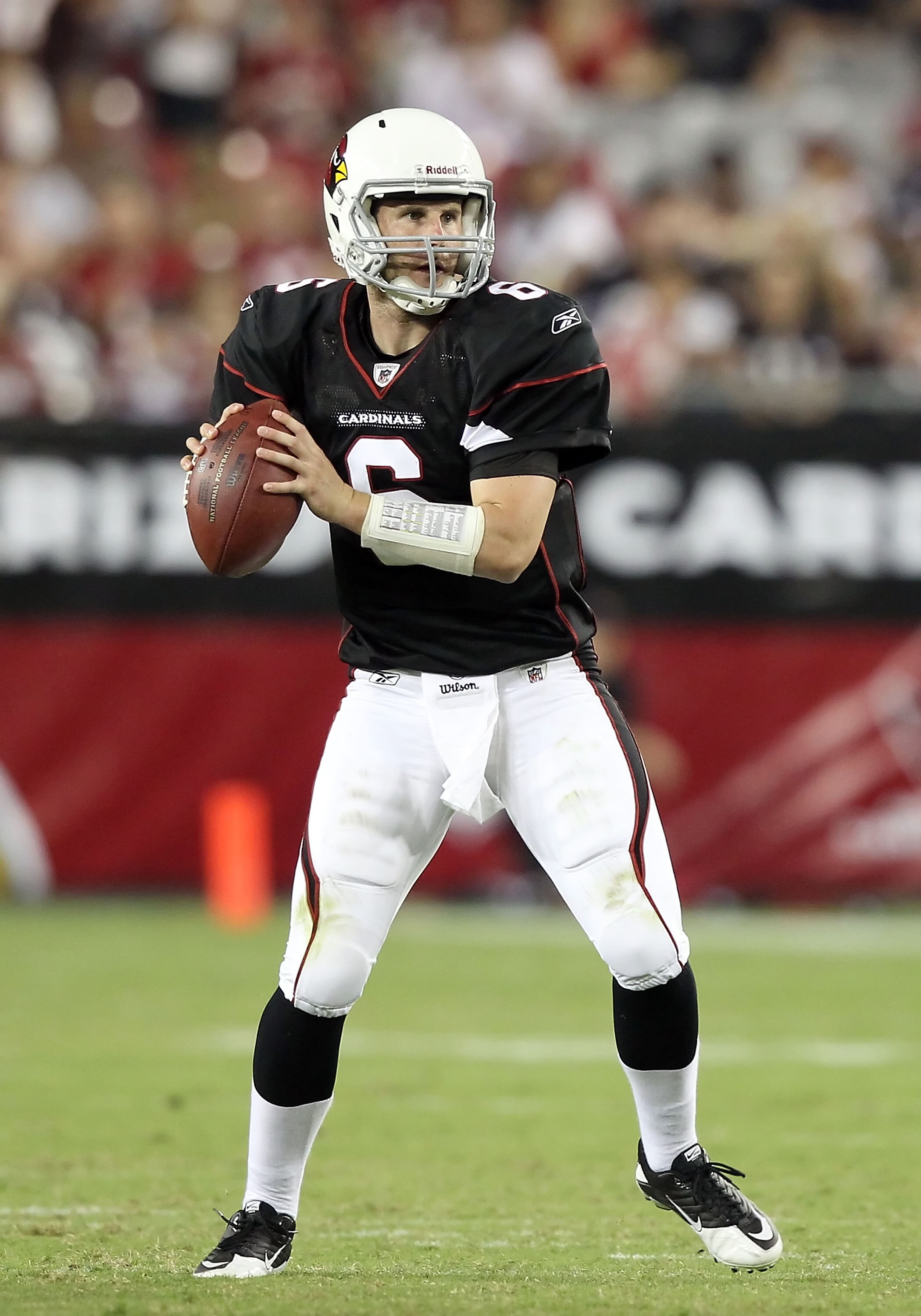 GLENDALE, AZ - SEPTEMBER 02:  Quarterback Max Hall #6 of the Arizona Cardinals drops back to pass during preseason NFL game against the Washington Redskins at the University of Phoenix Stadium on September 2, 2010 in Glendale, Arizona. The Cardinals defea