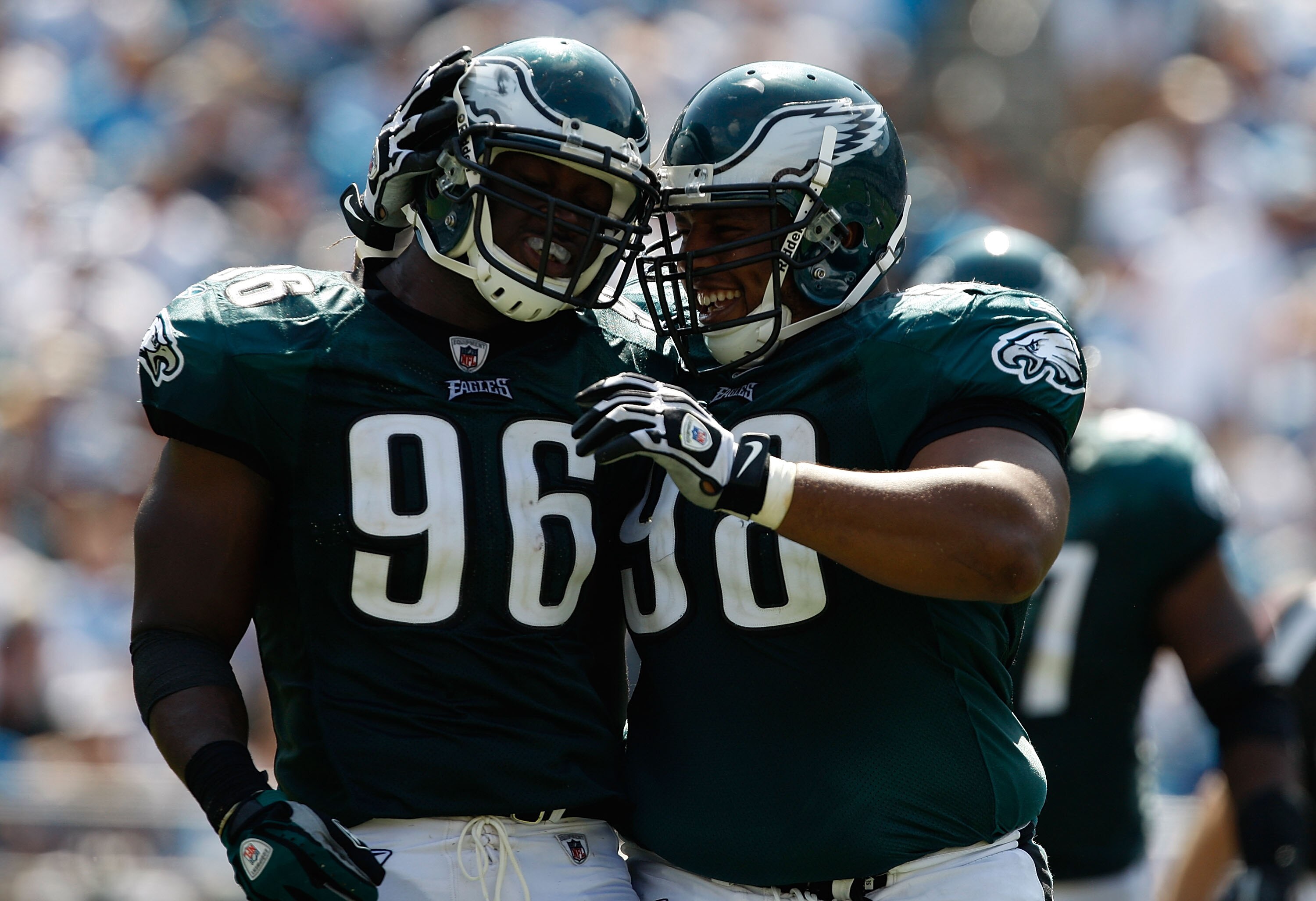 CHARLOTTE, NC - SEPTEMBER 13: Linebacker Omar Gaither #96 and tackle Mike Patterson of the Philadelphia Eagles celebrate after a sack against the Carolina Panthers during the NFL season opener at Bank of America Stadium on September 13, 2009 in Charlotte CHARLOTTE, NC - SEPTEMBER 13: Linebacker Omar Gaither #96 and tackle Mike Patterson of the Philadelphia Eagles celebrate after a sack against the Carolina Panthers during the NFL season opener at Bank of America Stadium on September 13, 2009 in Charlotte