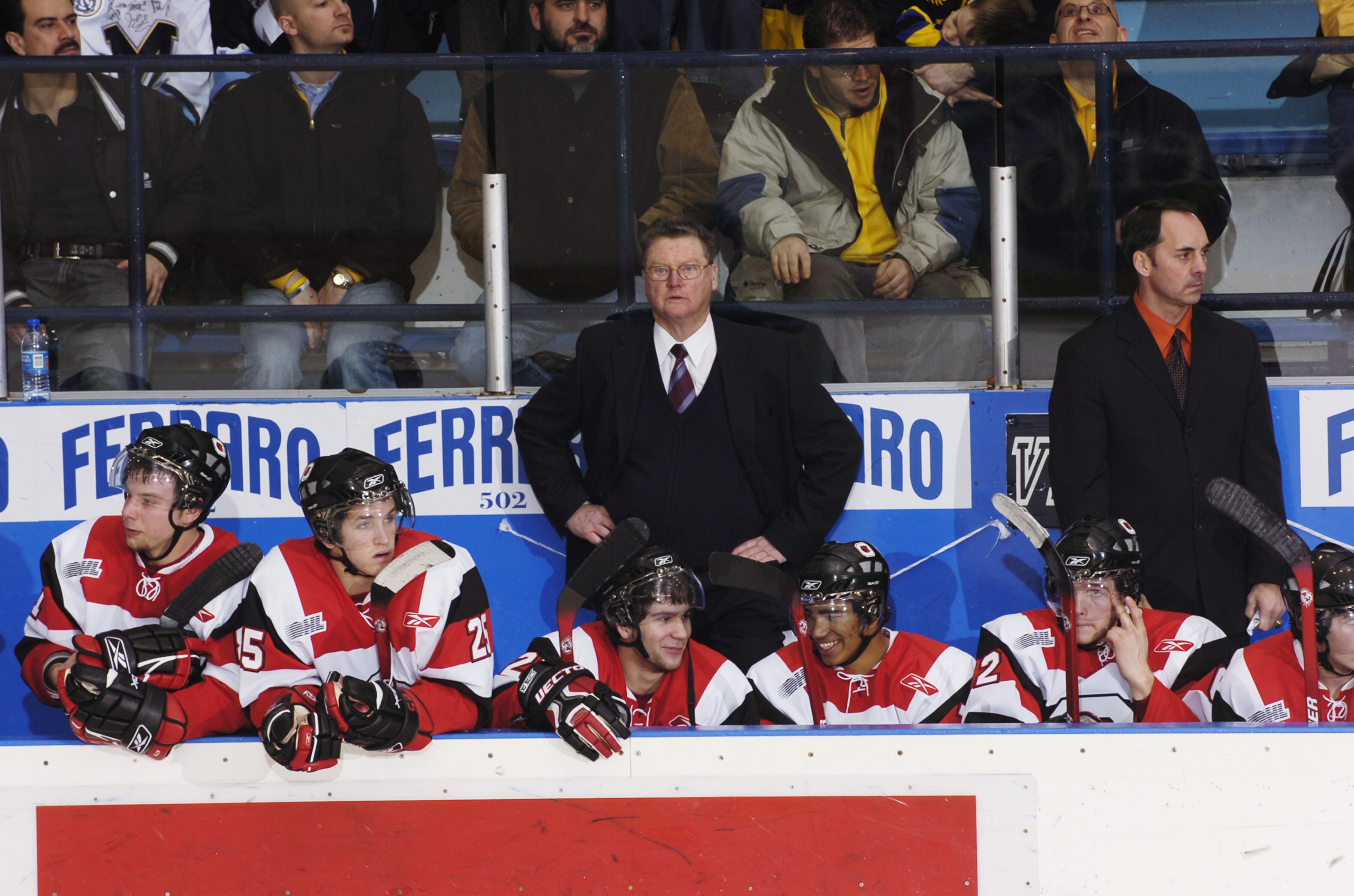 TORONTO - JANUARY 12:  Head Coach Brian Kilrea of the Ottawa 67's looks on from behind the bench against the Toronto St. Michael's Majors during the OHL game on January 12, 2006 at St. Michael's School Arena.  The 67's won 4-2.  (Photo by Graig Abel/Getty