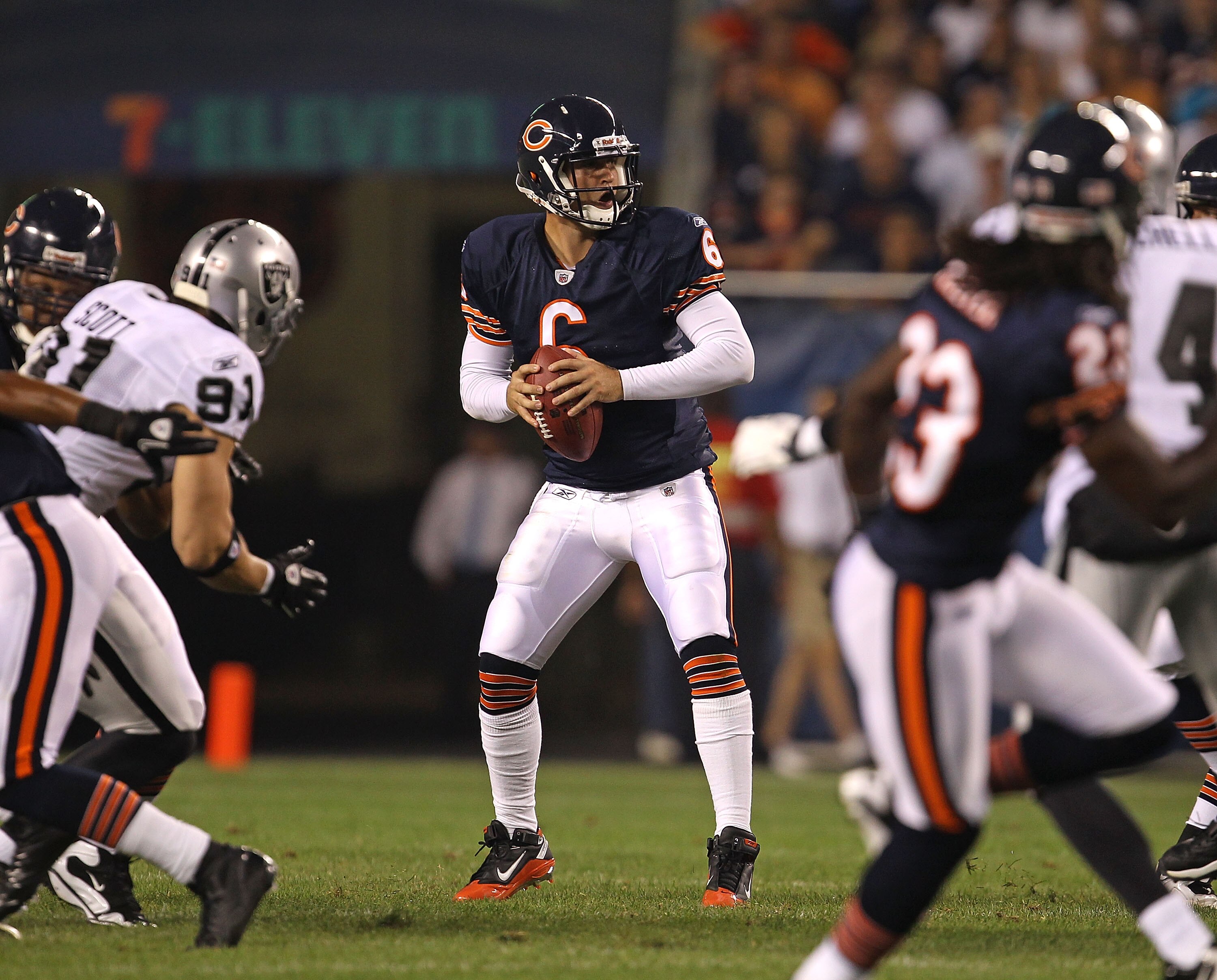 CHICAGO - AUGUST 21: Jay Cutler #6 of the Chicago Bears looks for a receiver against the Oakland Raiders during a preseason game at Soldier Field on August 21, 2010 in Chicago, Illinois. The Raiders defeated the Bears 32-17. (Photo by Jonathan Daniel/Gett