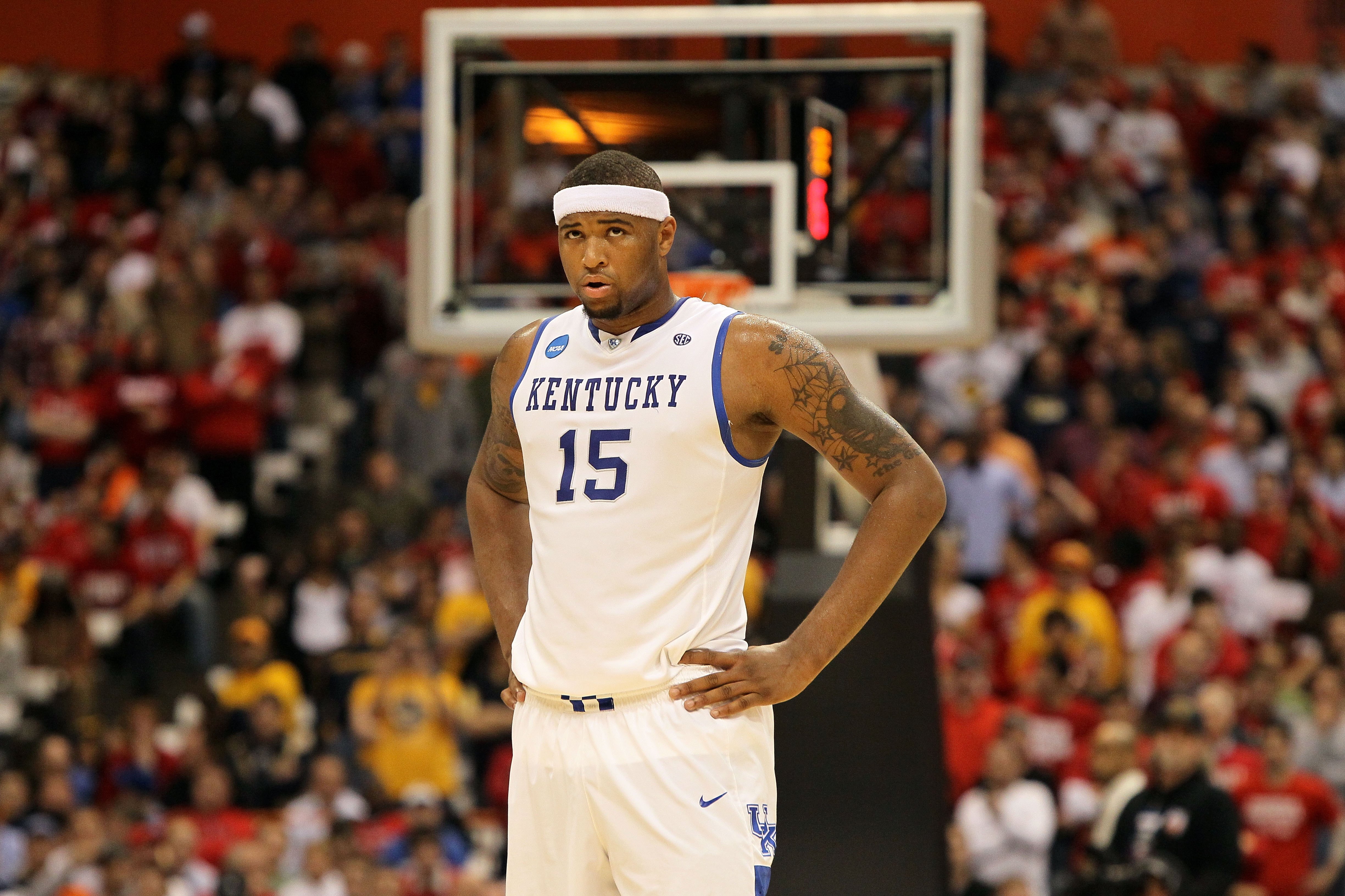SYRACUSE, NY - MARCH 25:  DeMarcus Cousins #15 of the Kentucky Wildcats looks on against the Cornell Big Red during the east regional semifinal of the 2010 NCAA men's basketball tournament at the Carrier Dome on March 25, 2010 in Syracuse, New York.  (Pho
