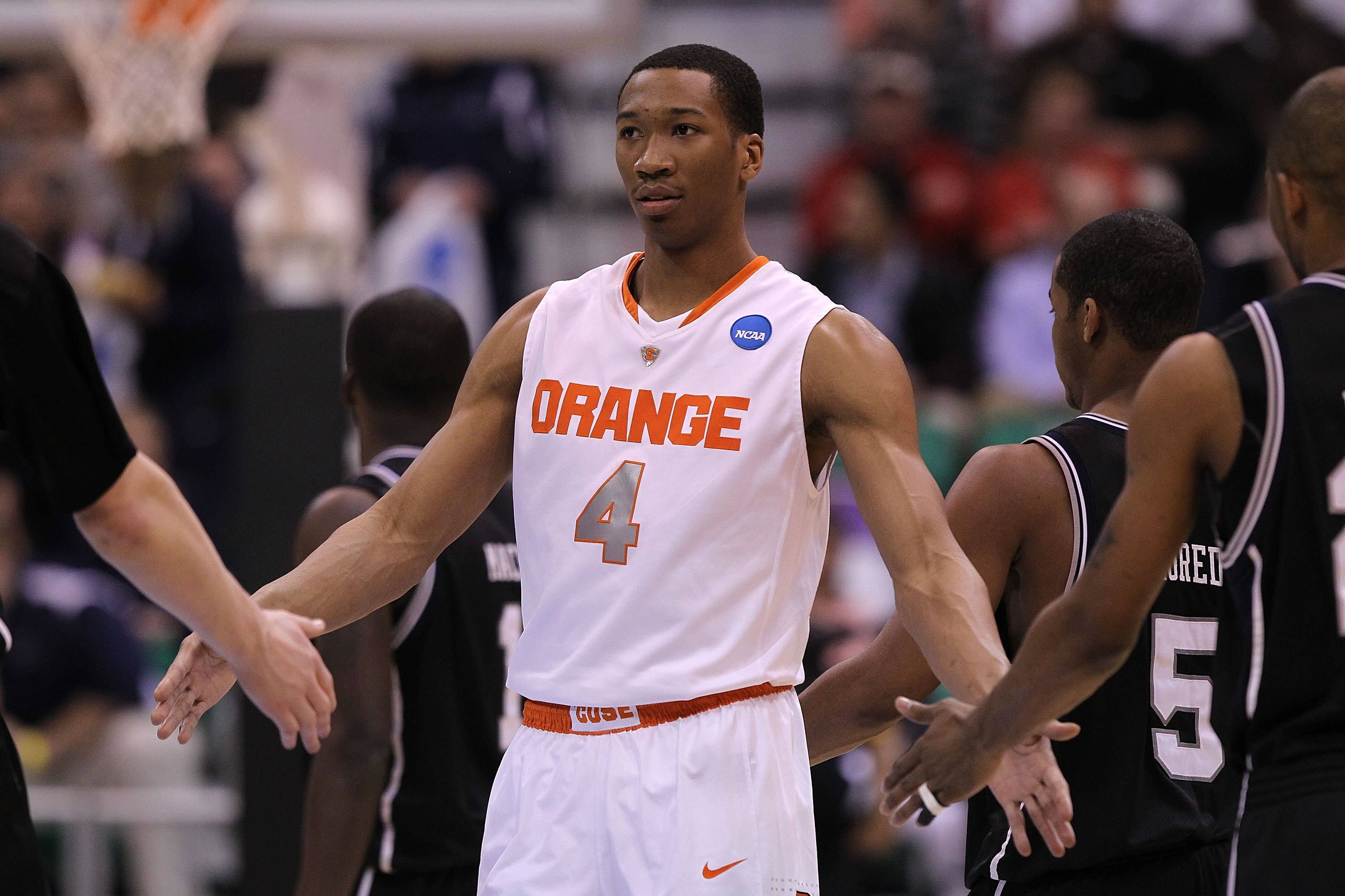 SALT LAKE CITY - MARCH 25:  Wesley Johnson #4 of the Syracuse Orange in action against the Butler Bulldogs during the west regional semifinal of the 2010 NCAA men's basketball tournament at the Energy Solutions Arena on March 25, 2010 in Salt Lake City, U