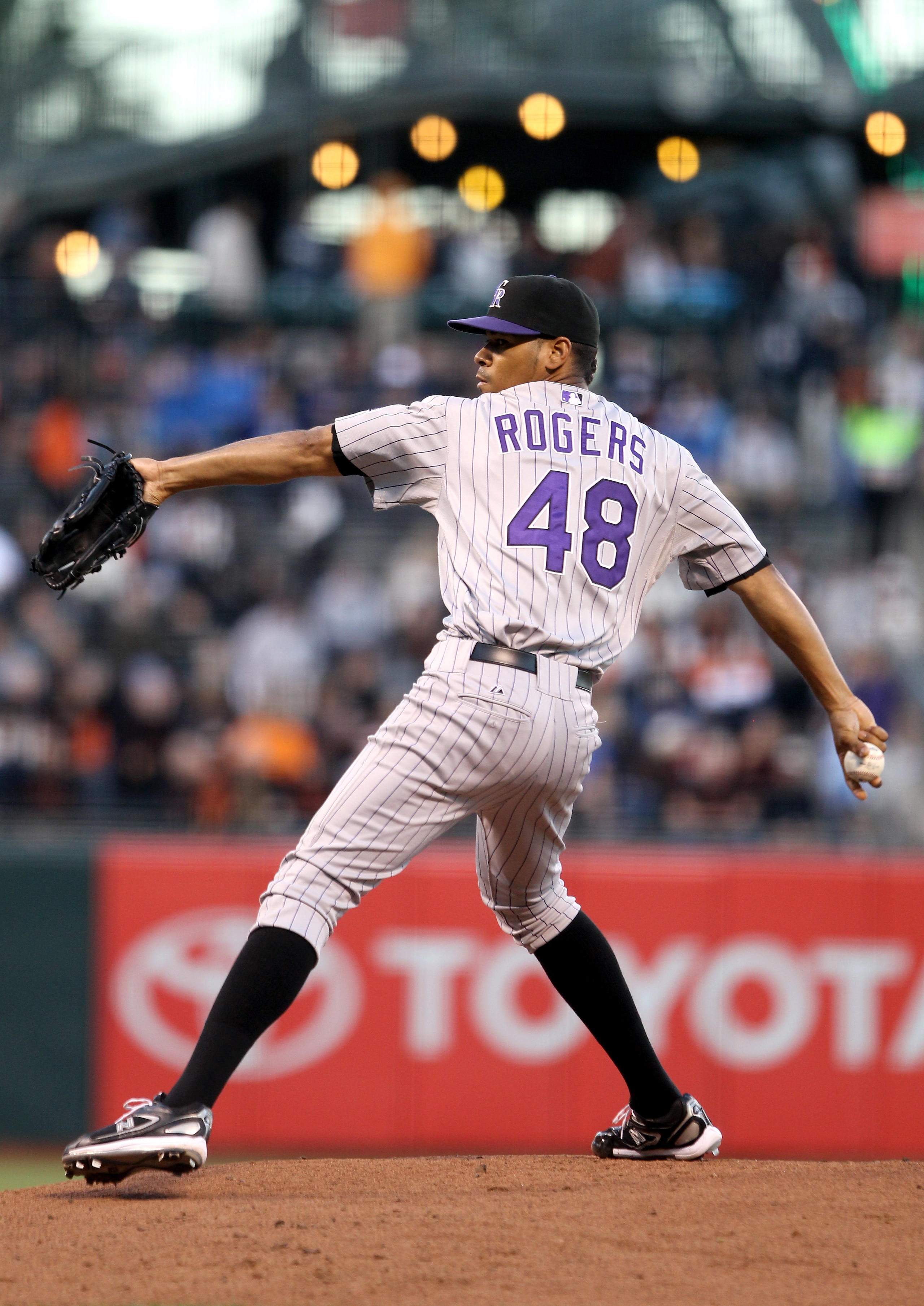 SAN FRANCISCO - AUGUST 31:  Esmil Rogers #48 of the Colorado Rockies pitches against the San Francisco Giants at AT&T Park on August 31, 2010 in San Francisco, California.  (Photo by Ezra Shaw/Getty Images)