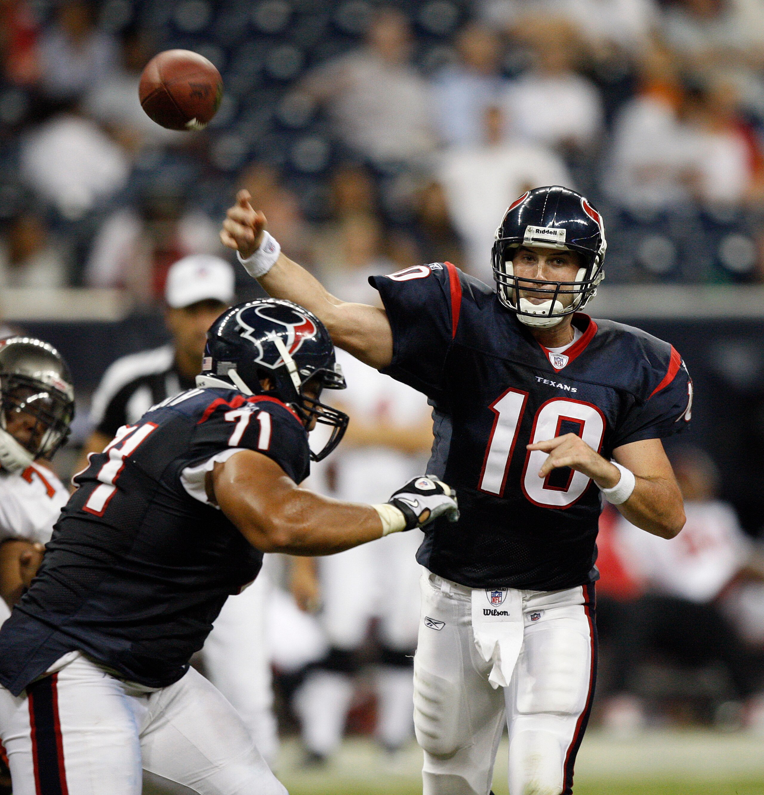 HOUSTON - SEPTEMBER 02:  Quarterback John David Booty #10 of the Houston Texans throws a pass in the fourth quarter in a preseason game against the Tampa Bay Buccaneers  at Reliant Stadium on September 2, 2010 in Houston, Texas.  (Photo by Bob Levey/Getty