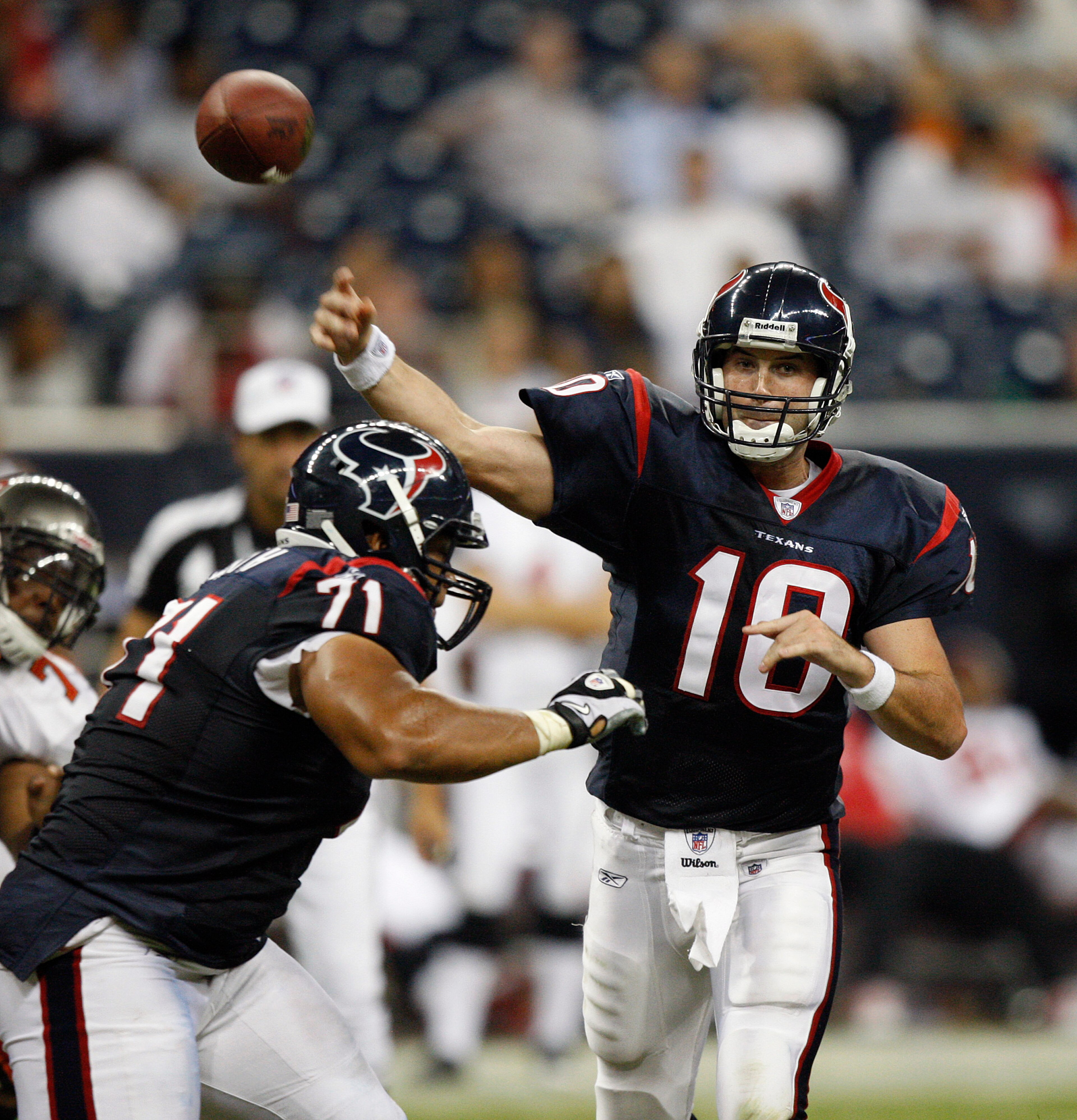 HOUSTON - SEPTEMBER 02:  Quarterback John David Booty #10 of the Houston Texans throws a pass in the fourth quarter in a preseason game against the Tampa Bay Buccaneers  at Reliant Stadium on September 2, 2010 in Houston, Texas.  (Photo by Bob Levey/Getty