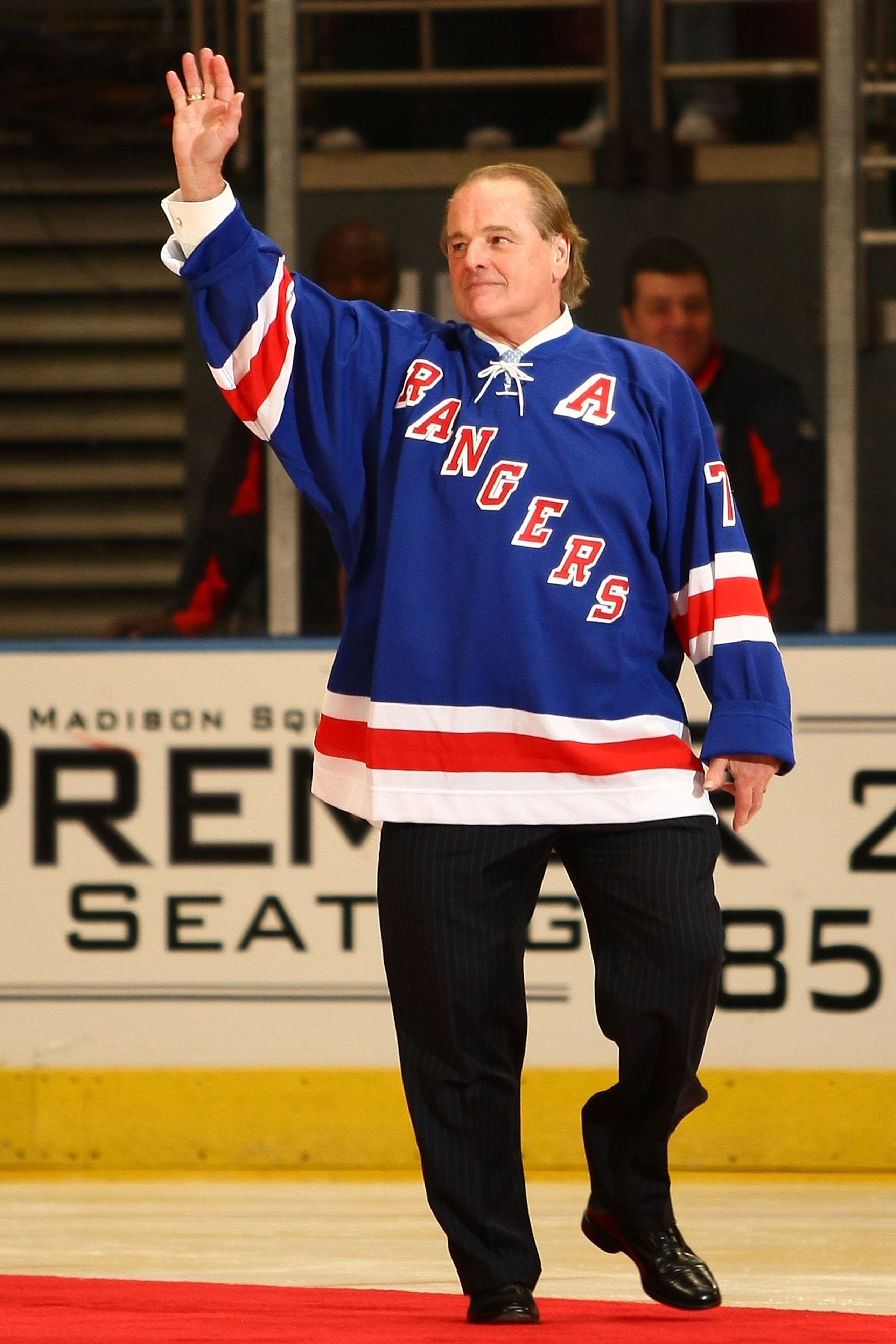 NEW YORK - FEBRUARY 03: Former New York Rangers player Rod Gilbert walks onto the ice during a ceremony retiring Adam Graves' jersey prior to a game between the New York Rangers and the Atlanta Thrashers on February 03, 2008 at Madison Square Garden in Ne
