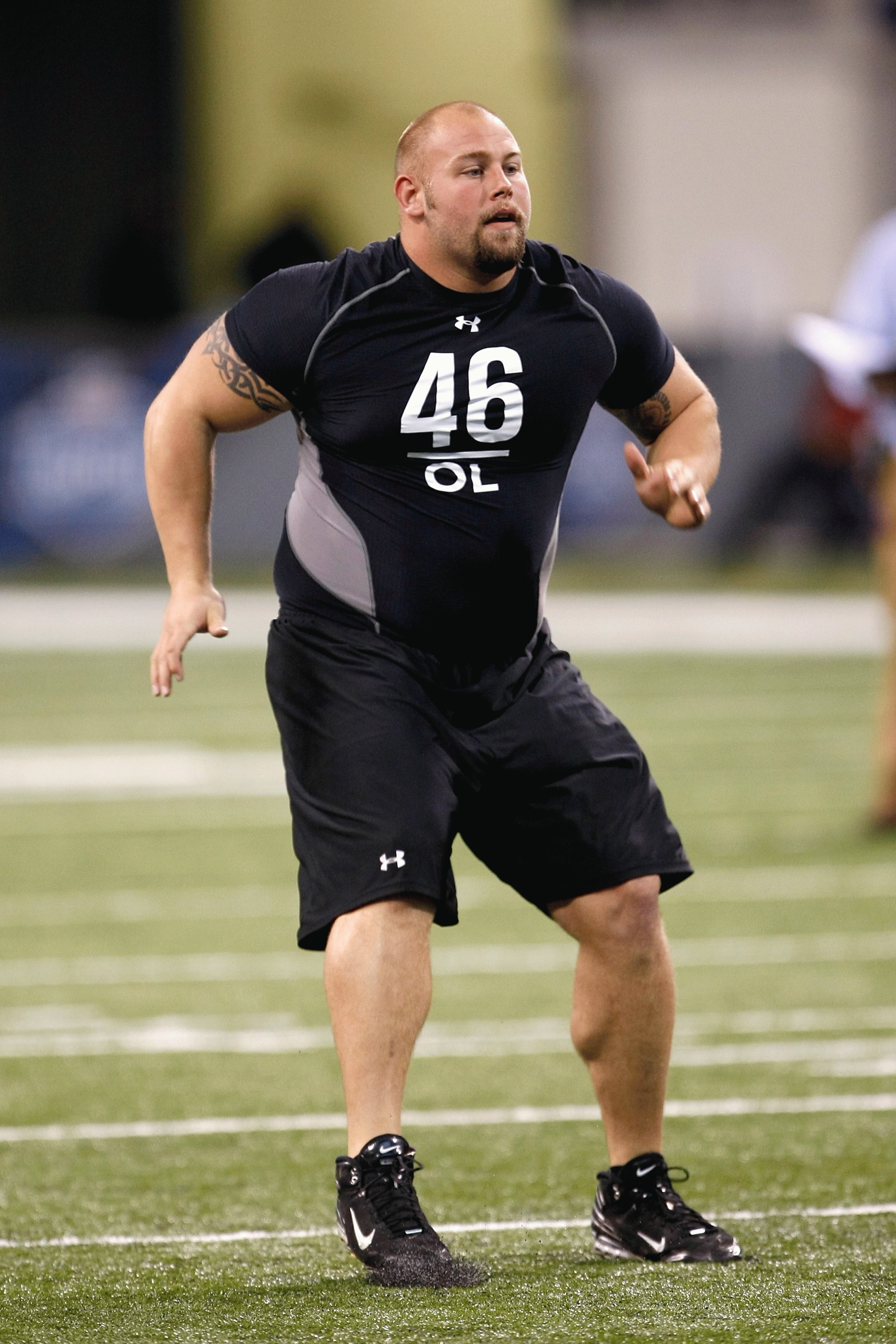 INDIANAPOLIS, IN - FEBRUARY 21:  Offensive lineman AQ Shipley of Penn State runs in practice drills during the NFL Scouting Combine presented by Under Armour at Lucas Oil Stadium on February 21, 2009 in Indianapolis, Indiana. (Photo by Scott Boehm/Getty I