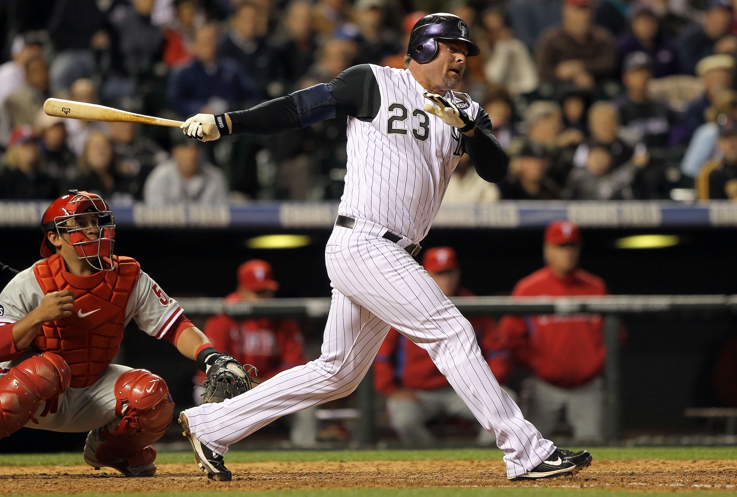 DENVER - MAY 10:  First baseman Jason Giambi #23 of the Colorado Rockies takes an at bat against the Philadelphia Phillies at Coors Field on May 10, 2010 in Denver, Colorado. The Phillies defeated the Rockies 9-5.  (Photo by Doug Pensinger/Getty Images)