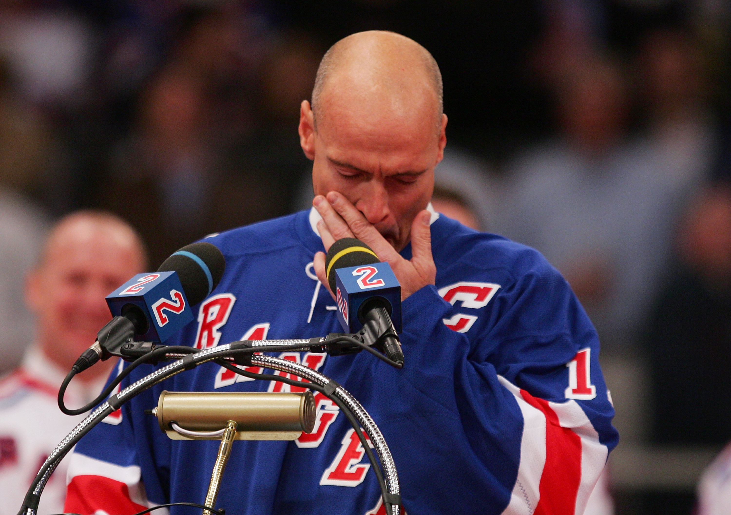 NEW YORK - JANUARY 24:  Former New York Ranger Mark Messier gets emotional as he speaks about former teammate Brian Leetch during Leetch's jersey retirment ceremony before the game against the Atlanta Thrashers on January 24, 2008 at Madison Square Garden