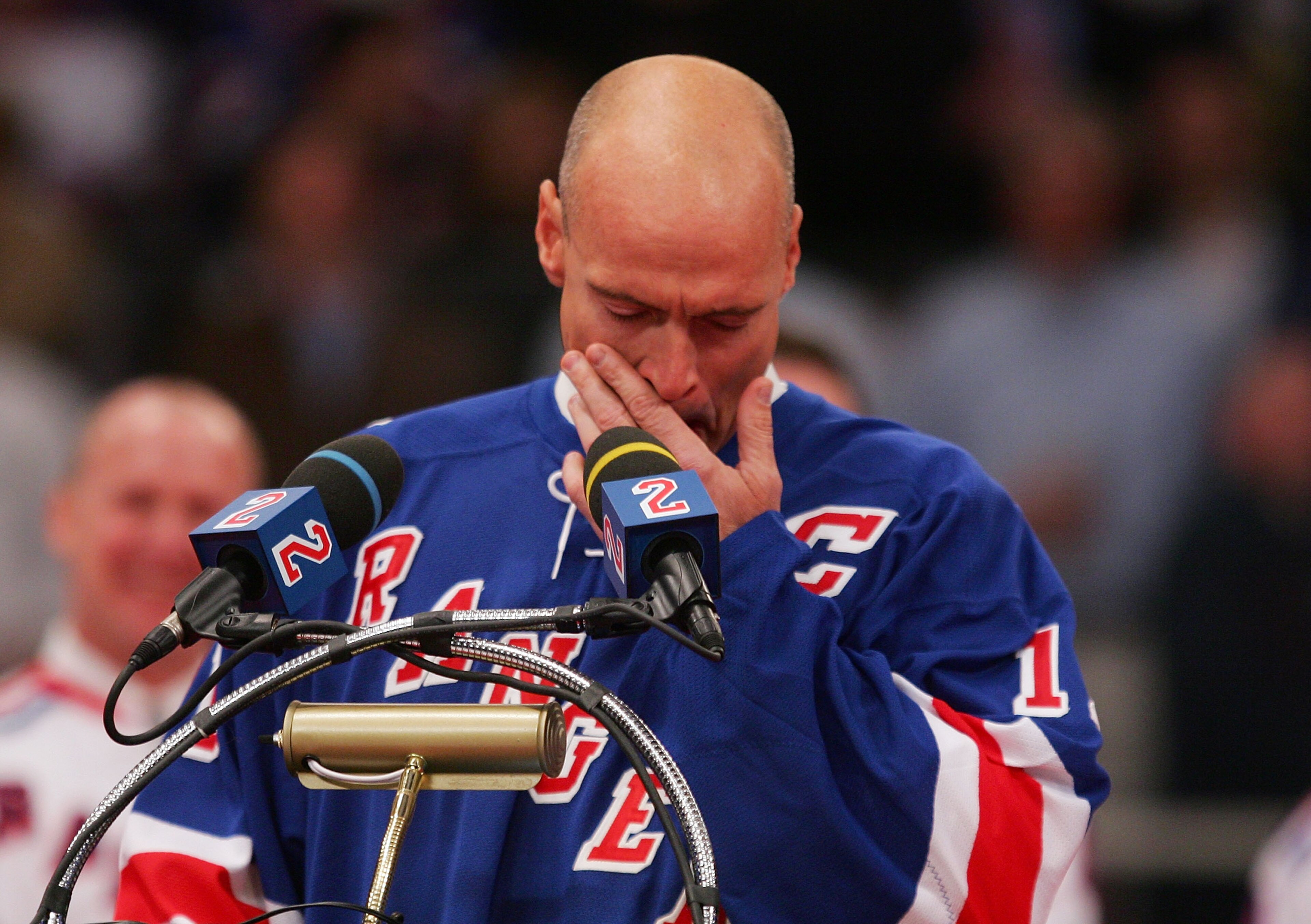 NEW YORK - JANUARY 24:  Former New York Ranger Mark Messier gets emotional as he speaks about former teammate Brian Leetch during Leetch's jersey retirment ceremony before the game against the Atlanta Thrashers on January 24, 2008 at Madison Square Garden