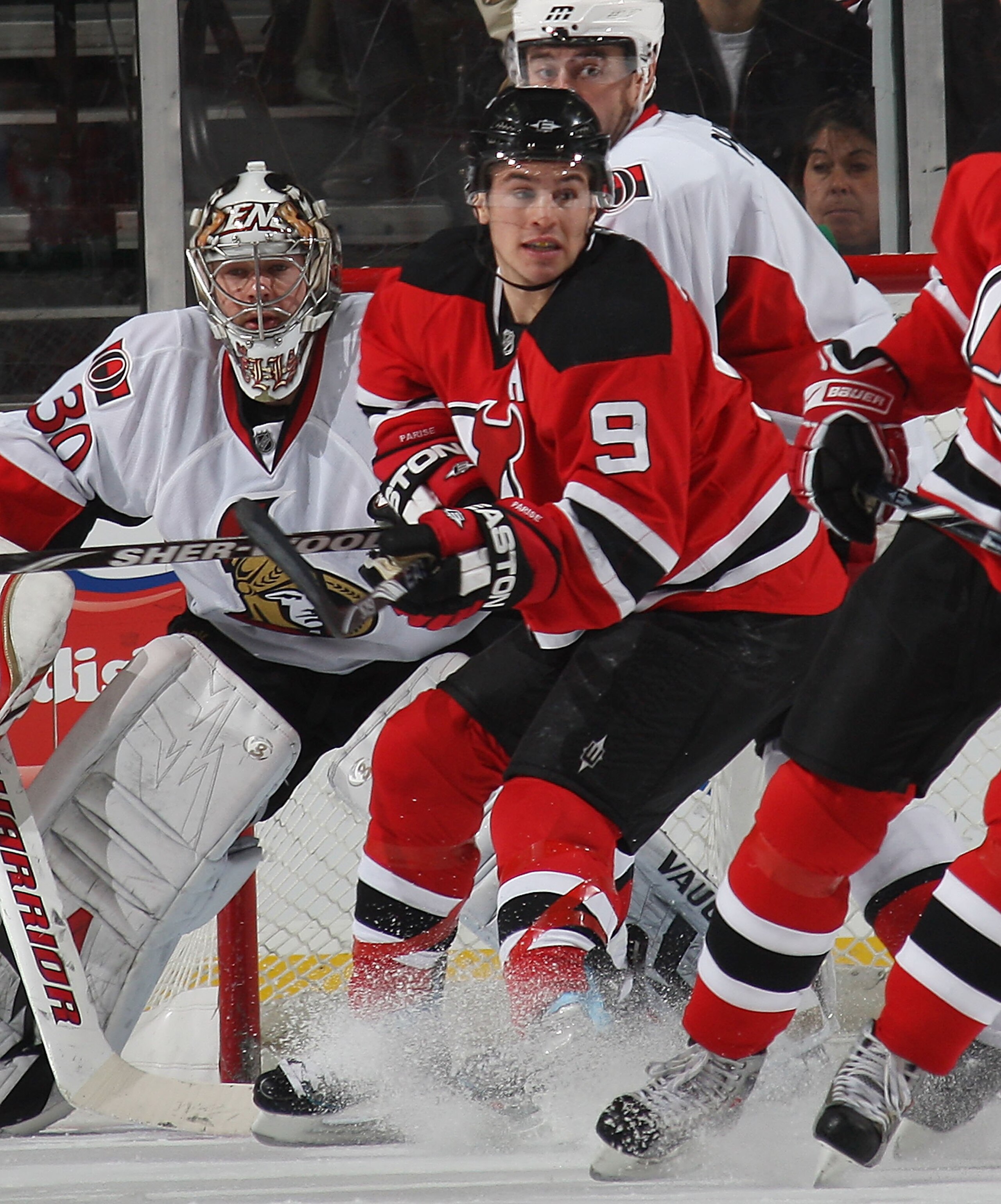 NEWARK, NJ - DECEMBER 18:  Zach Parise #9 of the New Jersey Devils skates against the Ottawa Senators at the Prudential Center on December 18, 2009 in Newark, New Jersey.  (Photo by Bruce Bennett/Getty Images)