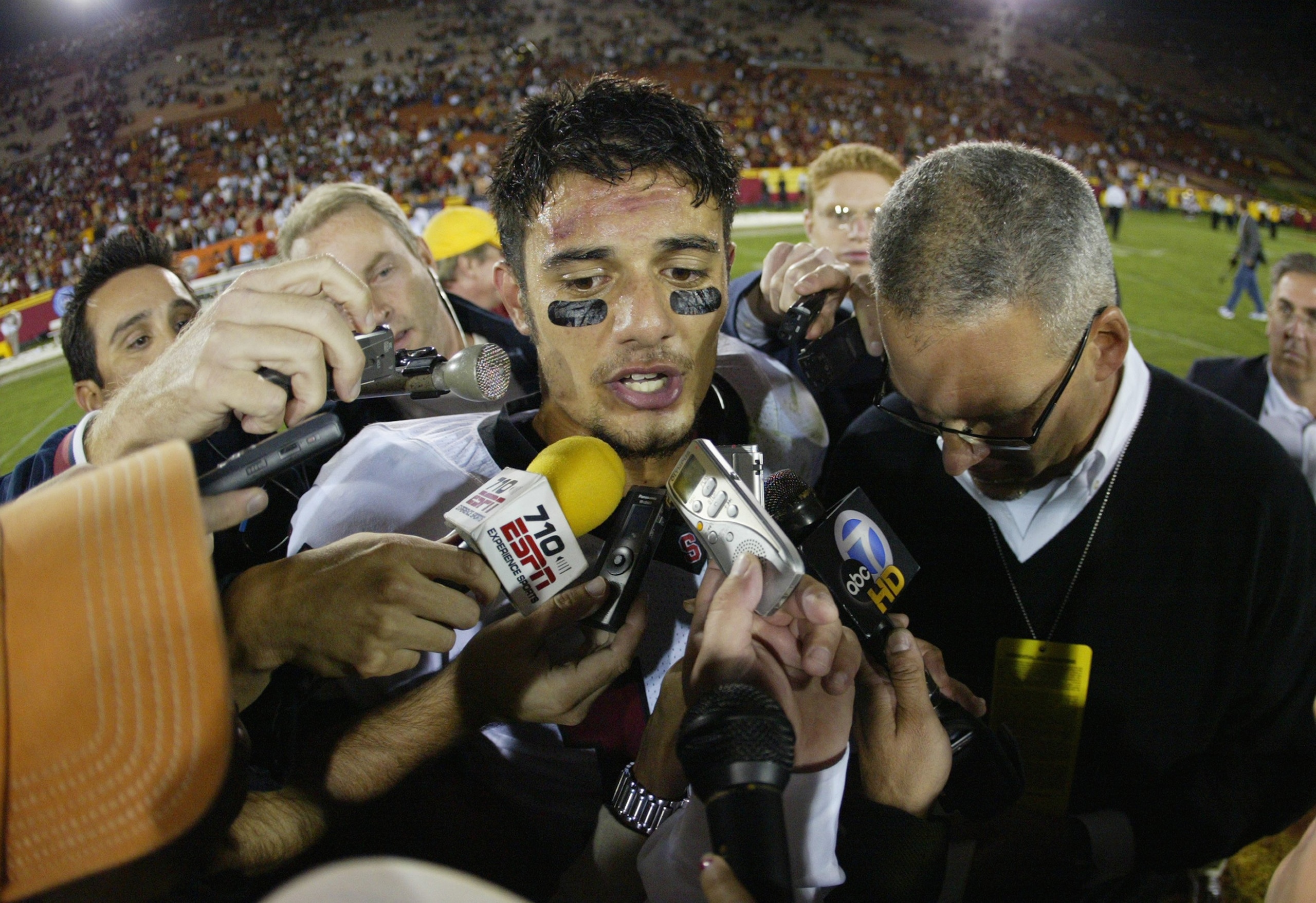 LOS ANGELES - OCTOBER 6: Tavita Pritchard #14 of the Stanford Cardinal speaks to the media after the victory against the USC Trojans on October 6, 2007 at the Los Angeles Memorial Coliseum in Los Angeles, California. (Photo by Jeff Golden/Getty Images) LOS ANGELES - OCTOBER 6: Tavita Pritchard #14 of the Stanford Cardinal speaks to the media after the victory against the USC Trojans on October 6, 2007 at the Los Angeles Memorial Coliseum in Los Angeles, California. (Photo by Jeff Golden/Getty Images)