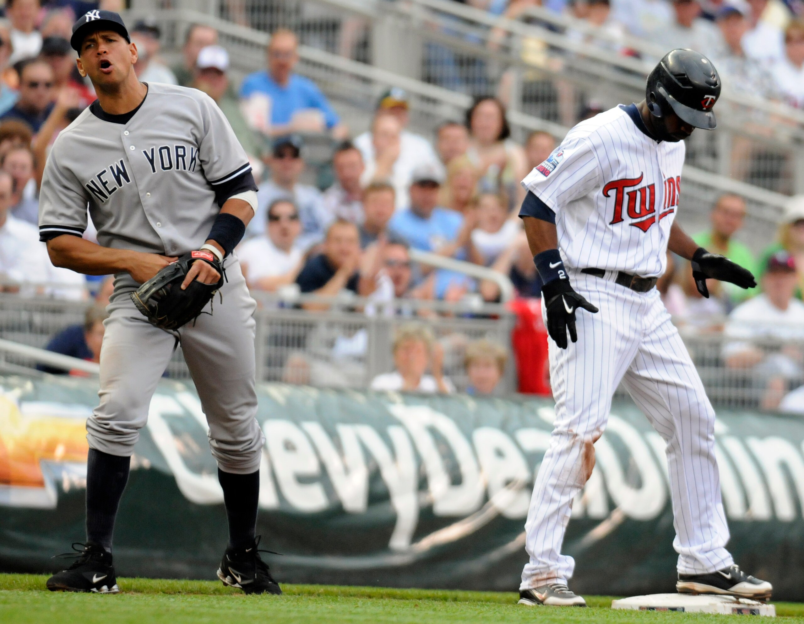 MINNEAPOLIS, MN - MAY 26: Alex Rodriguez #13 of the New York Yankees reacts as Denard Span #2 of the Minnesota Twins is called safe stealing third base in the first inning during their game on May 26, 2010 at Target Field in Minneapolis, Minnesota. (Photo MINNEAPOLIS, MN - MAY 26: Alex Rodriguez #13 of the New York Yankees reacts as Denard Span #2 of the Minnesota Twins is called safe stealing third base in the first inning during their game on May 26, 2010 at Target Field in Minneapolis, Minnesota. (Photo