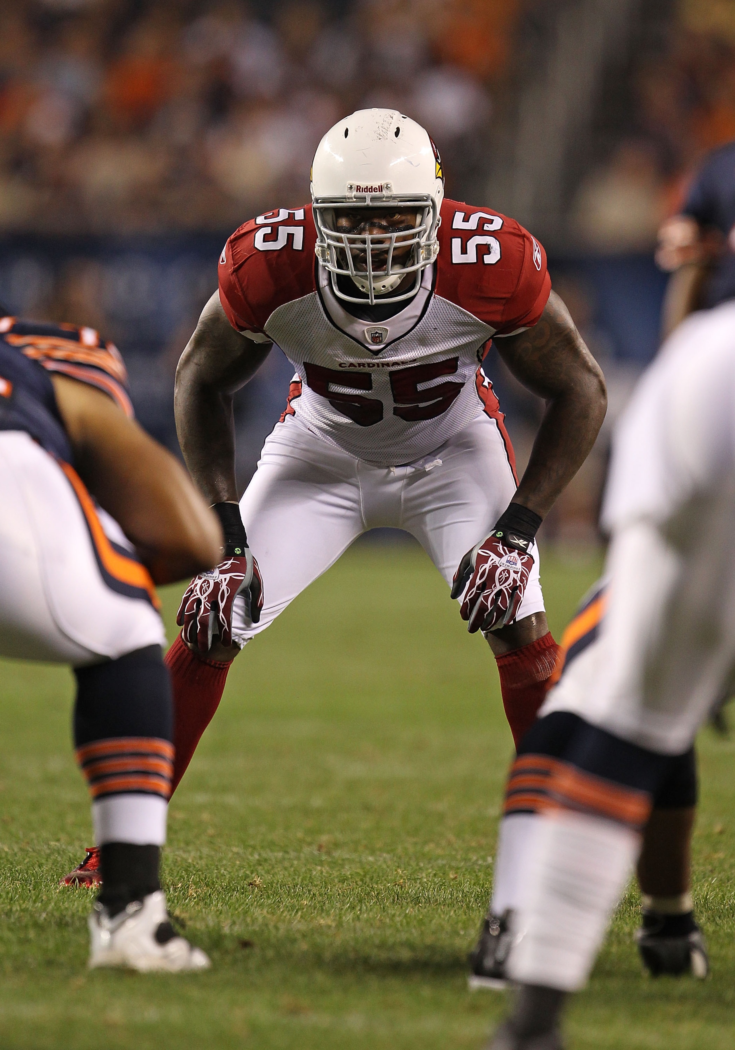 CHICAGO - AUGUST 28: Joey Porter #55 of the Arizona Cardinals awaits the start of play during a preseason game against the Chicago Bears at Soldier Field on August 28, 2010 in Chicago, Illinois. The Cardinals defeated the Bears 14-9. (Photo by Jonathan Da