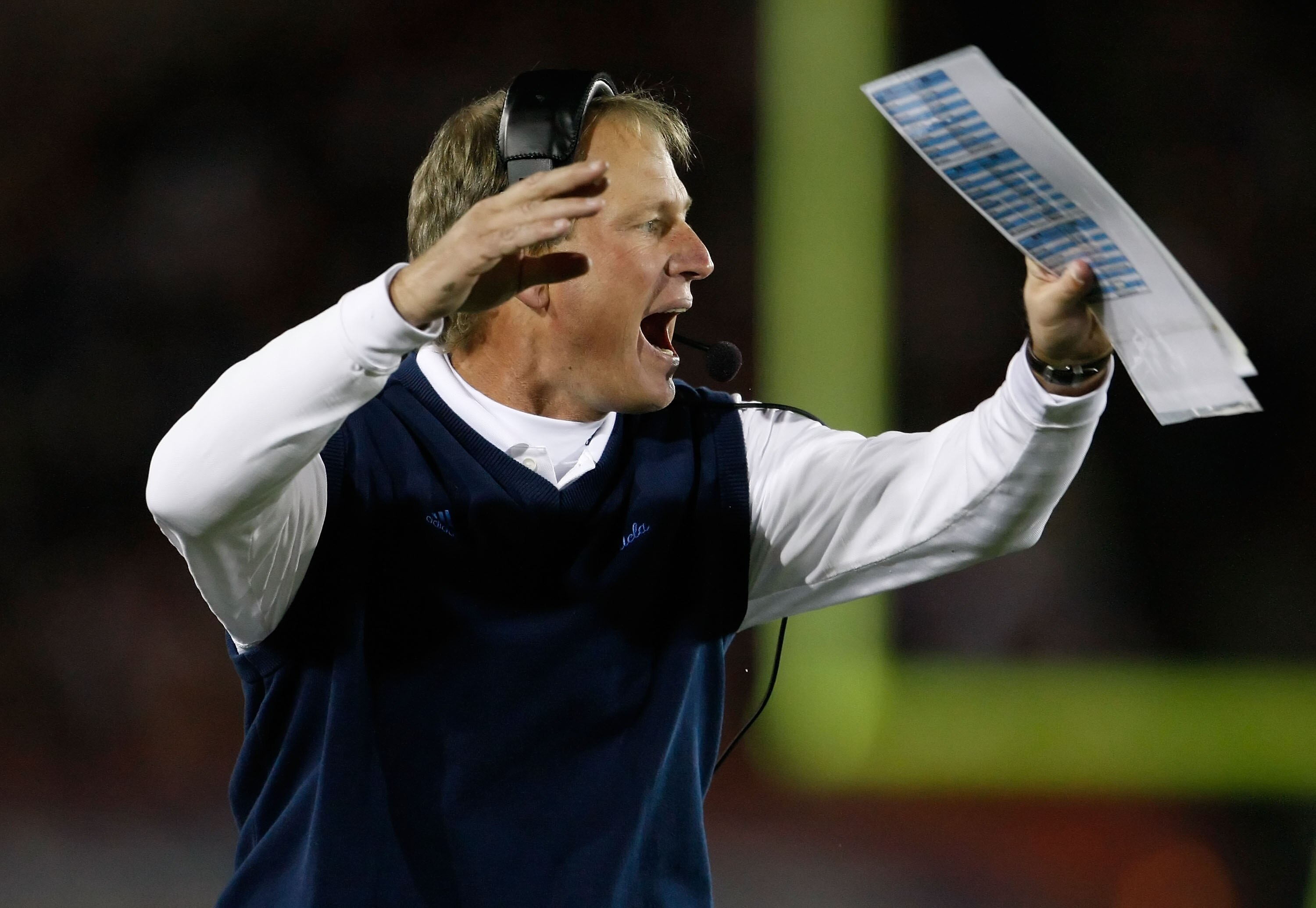 LOS ANGELES, CA - NOVEMBER 28:  UCLA Bruins head coach Rick Neuheisel reacts to a call in the second half against the USC Trojans at the Los Angeles Memorial Coliseum on November 28, 2009 in Los Angeles, California. USC defeated UCLA 28-7.  (Photo by Jeff